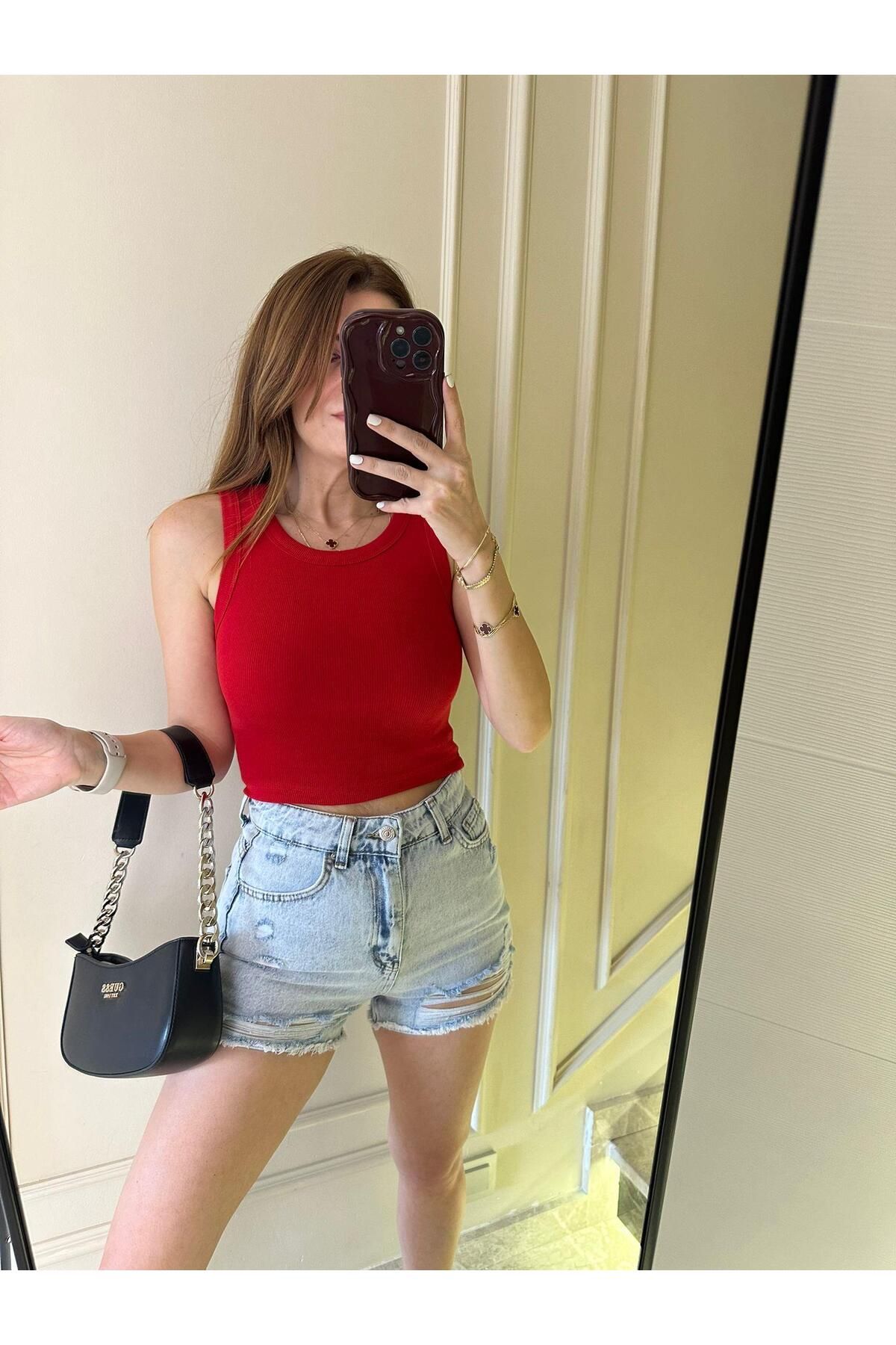 Chamakh Kırmızı Fitilli Halter Yaka Crop
