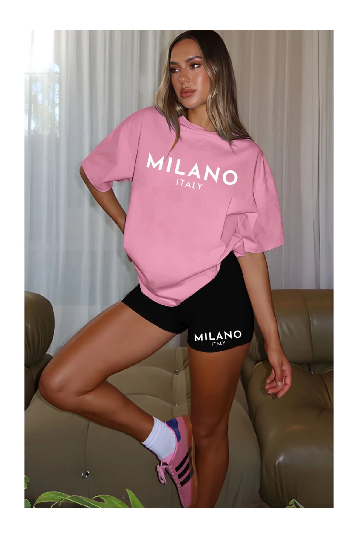 LAND MODA Milano İtalya Baskılı Kadın Rahat Yaz T-Shirt ve Şort Takımı - "Milano Italy"