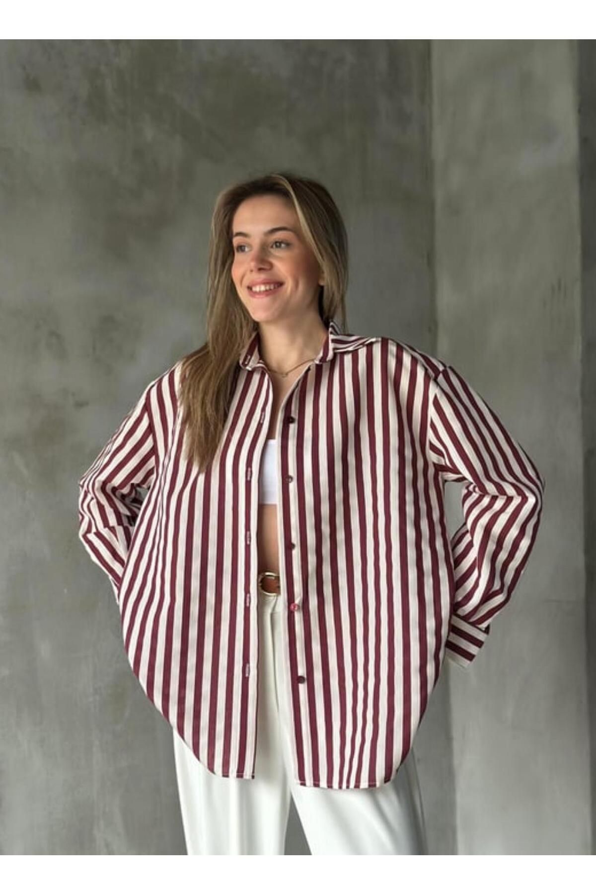 aşkabak Bordo Çizgili Modern Şık Kadın Gömlek