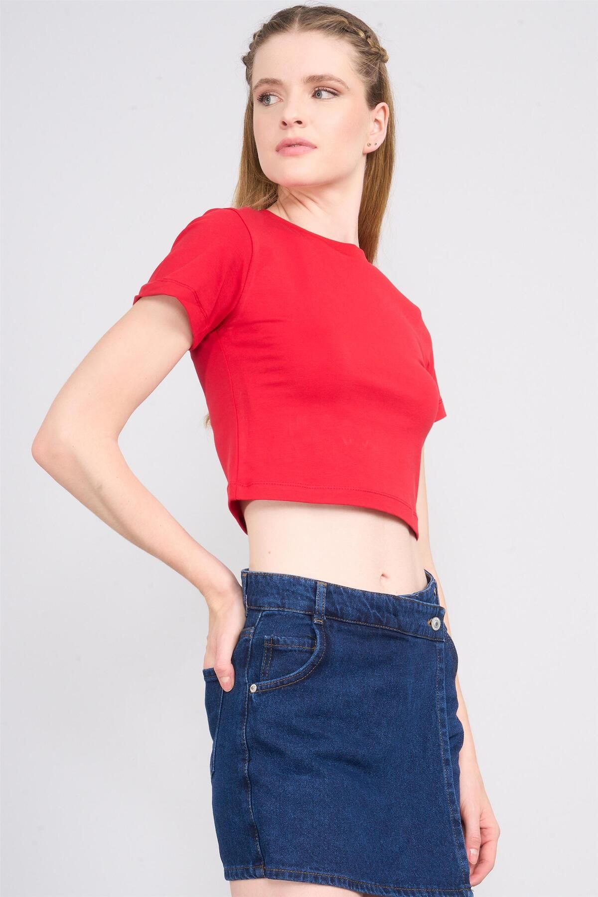 FİTHİT Çetinkaya Fithit 8510 Bisiklet Yaka 30/1 Likralı Süprem Crop T-shirt Kırmızı