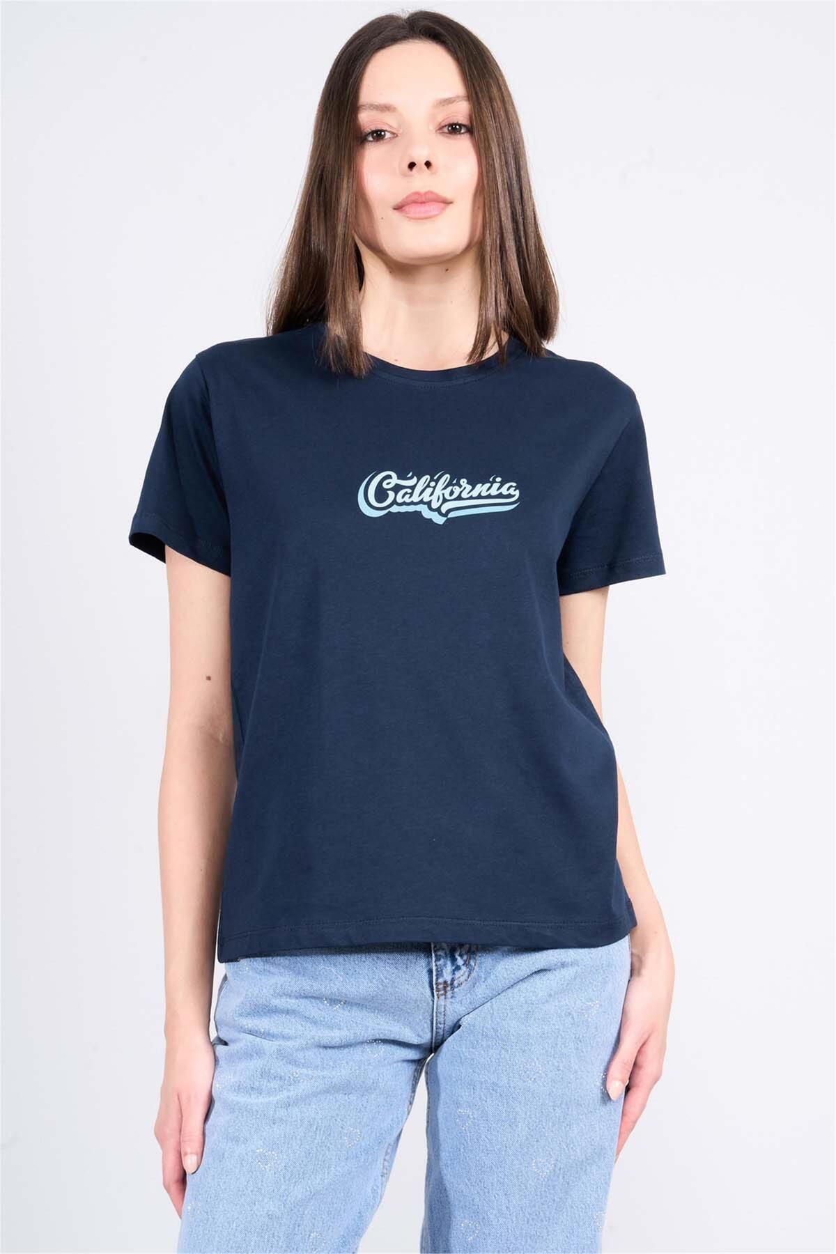 FİTHİT Çetinkaya Fithit 8483 Bisiklet Yaka 30/1 Compact Penye Süprem Baskılı T-shirt Lacivert