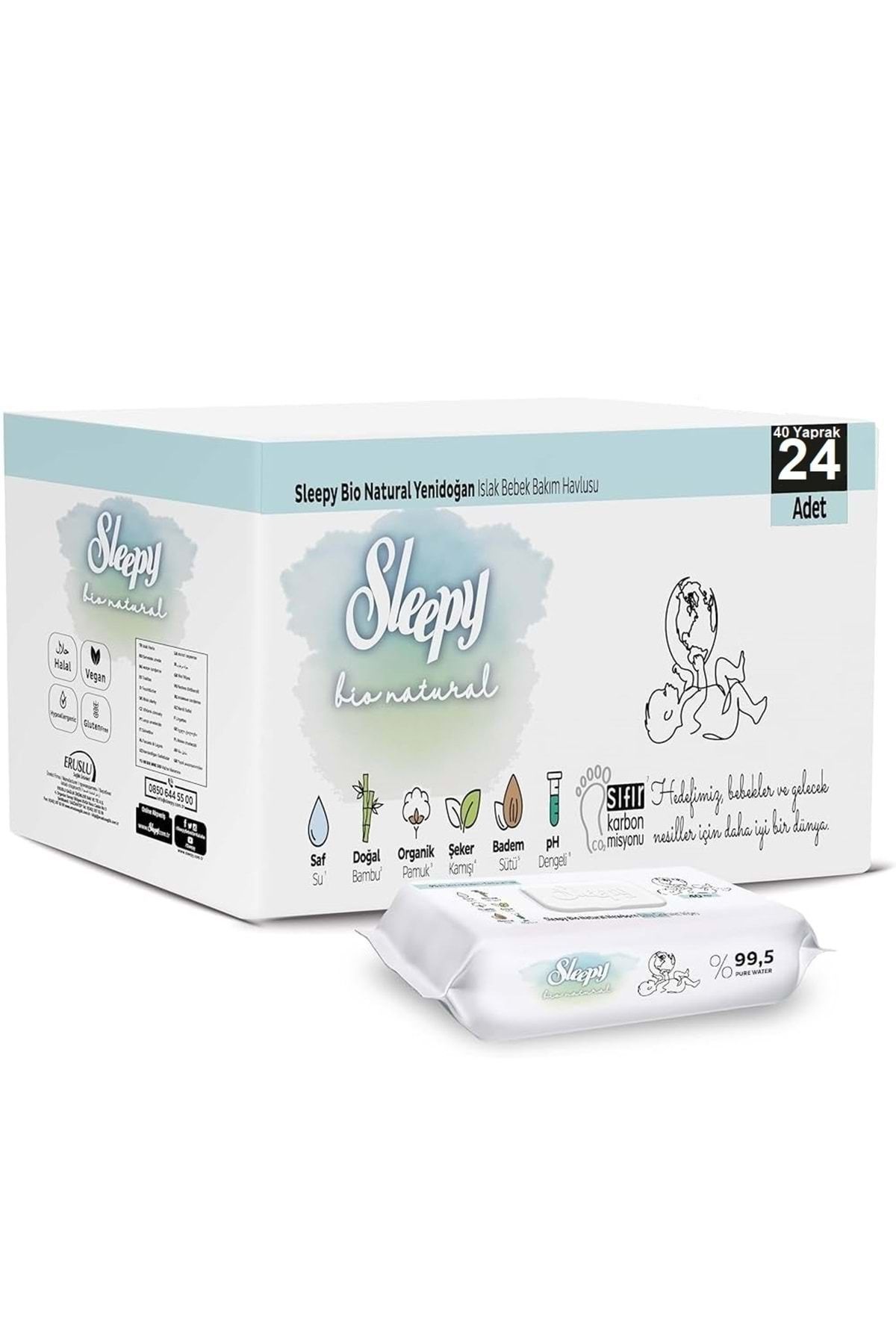Sleepy Islak Havlu Mendil Bio Natural 40 Yaprak Yeni Doğan (24 Lü Set) Plastik Kapaklı 960 Yaprak