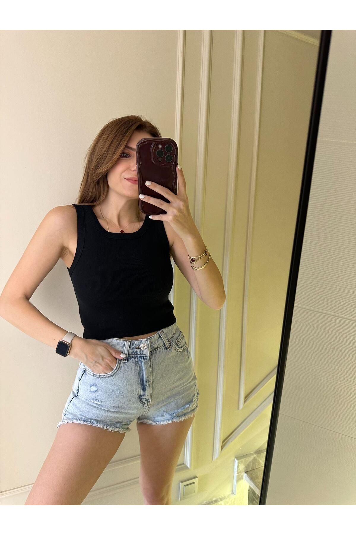 Chamakh Siyah Fitilli Halter Yaka Crop