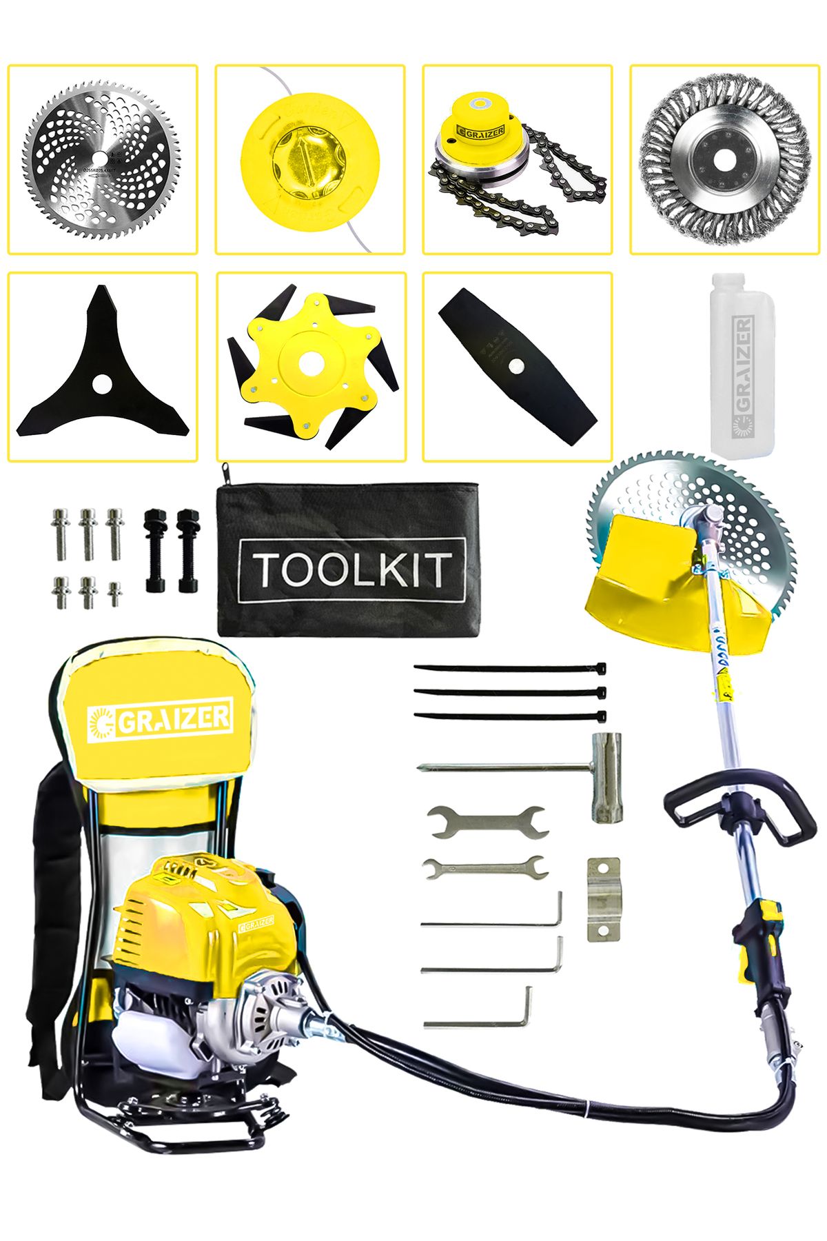 Graizer Powerforge 7 Başlıklı Set Sırt Tipi Benzinli Motorlu Ot Çalı Tırpanı Çim Biçme Makinesi Tırpan-Sarı