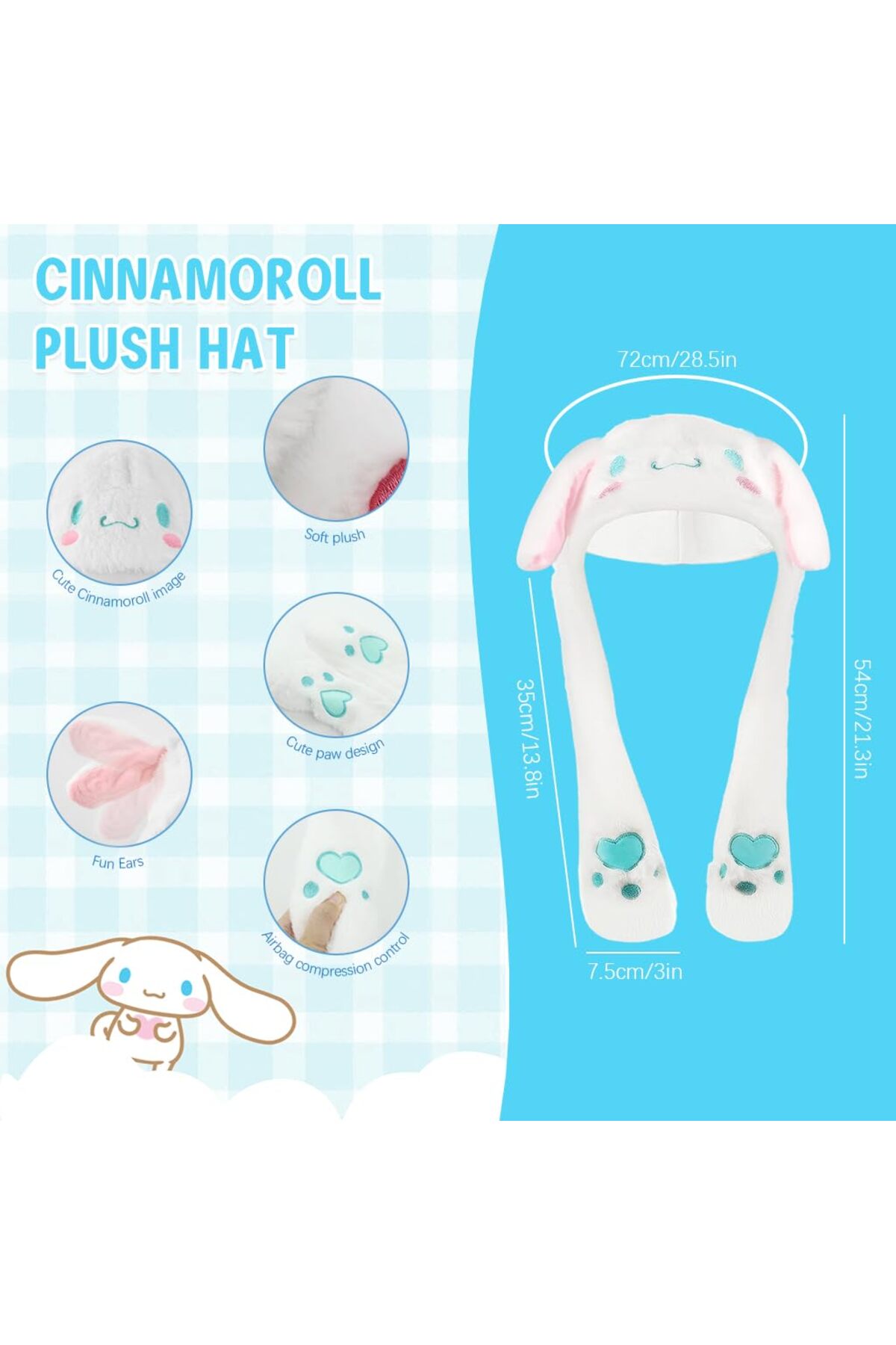 MJ TOYS Sanrio Kuromi Cinnamoroll My Melody Şapka Kulakları Hareket Eden Şapka Işıklı Modlu Peluş Bere Şapka fotoğrafı 7 (önizleme)
