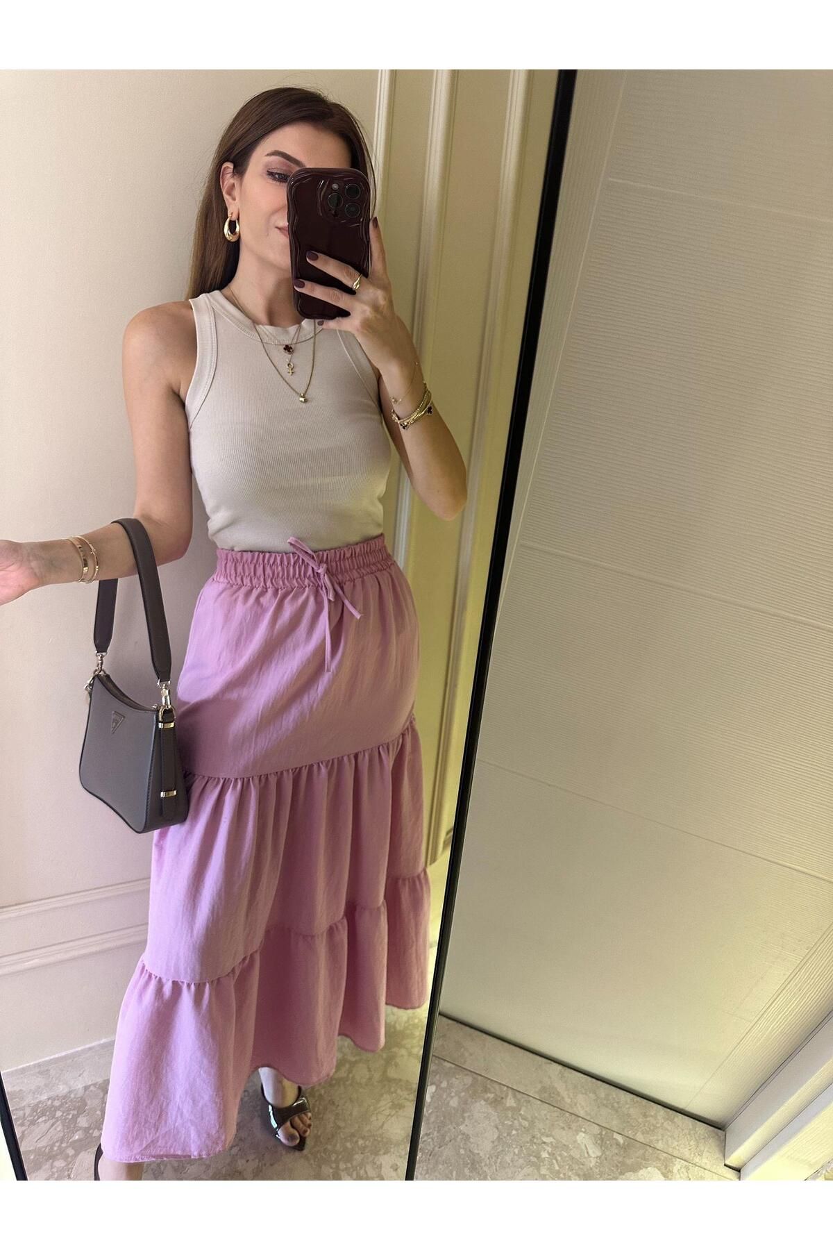 Chamakh Pembe Katlı Uzun Etek