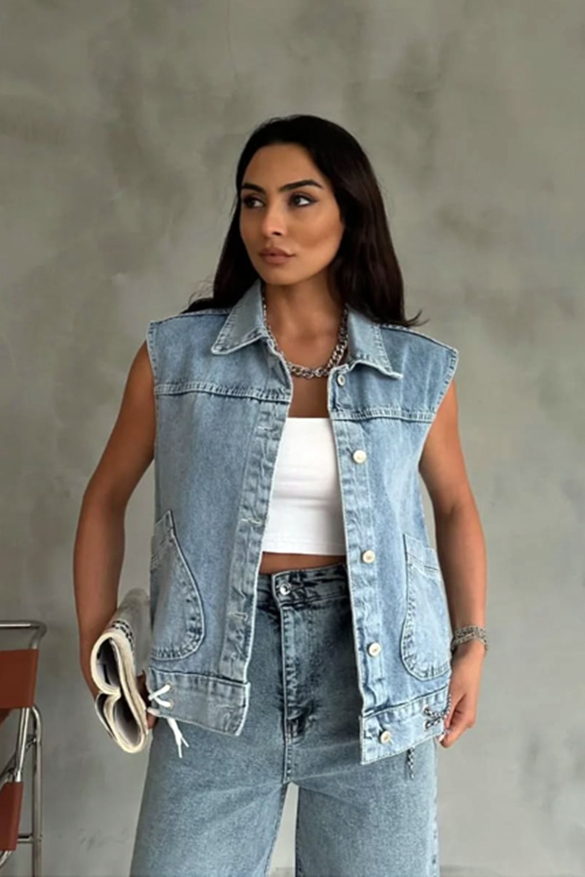 butiksinope Ast 485 İp Detaylı Ocersize Kadın Kot Yelek Mavi