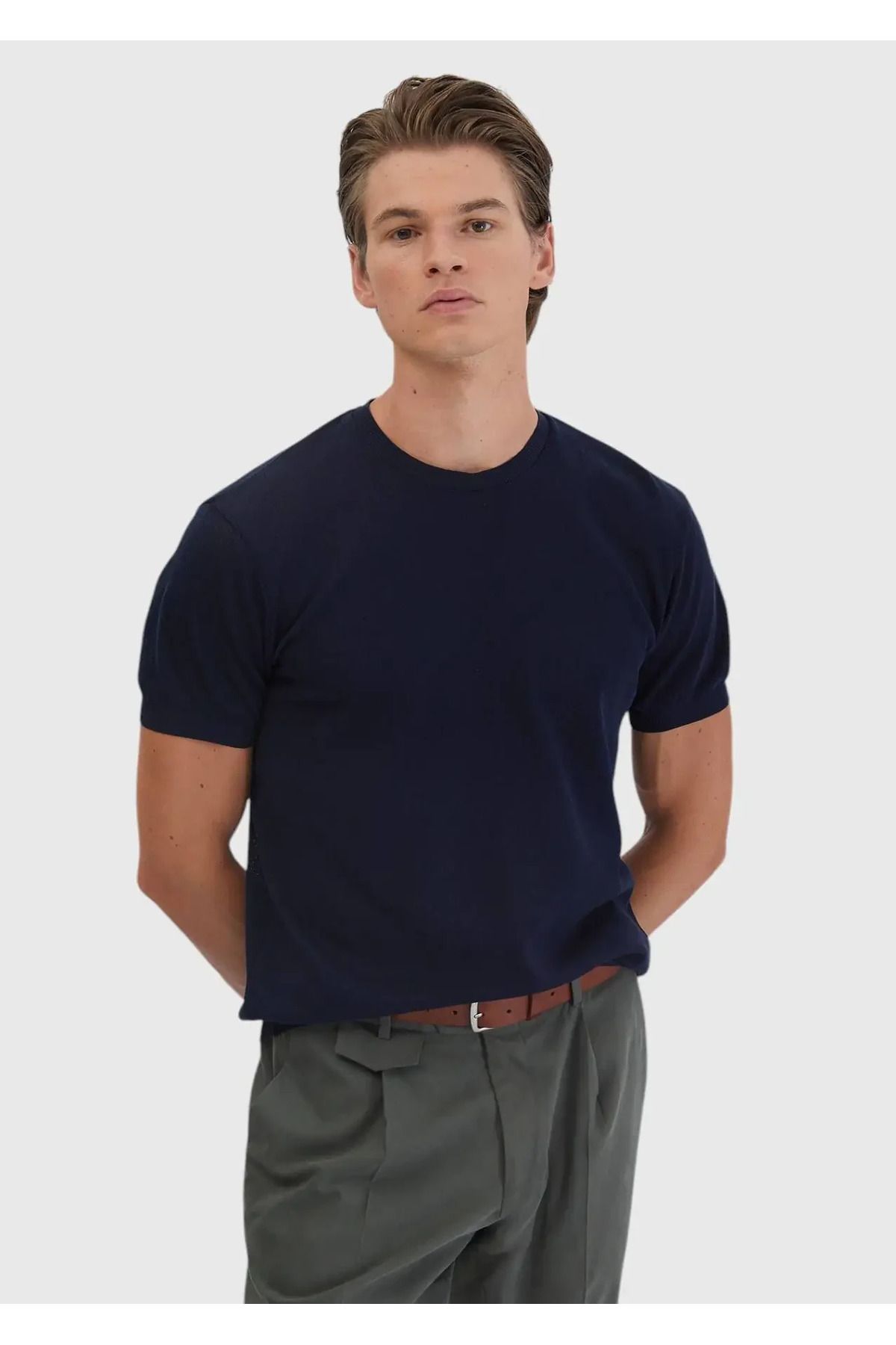 Ramsey Lacivert Jakarlı Bisiklet Yaka %100 Pamuk T-Shirt