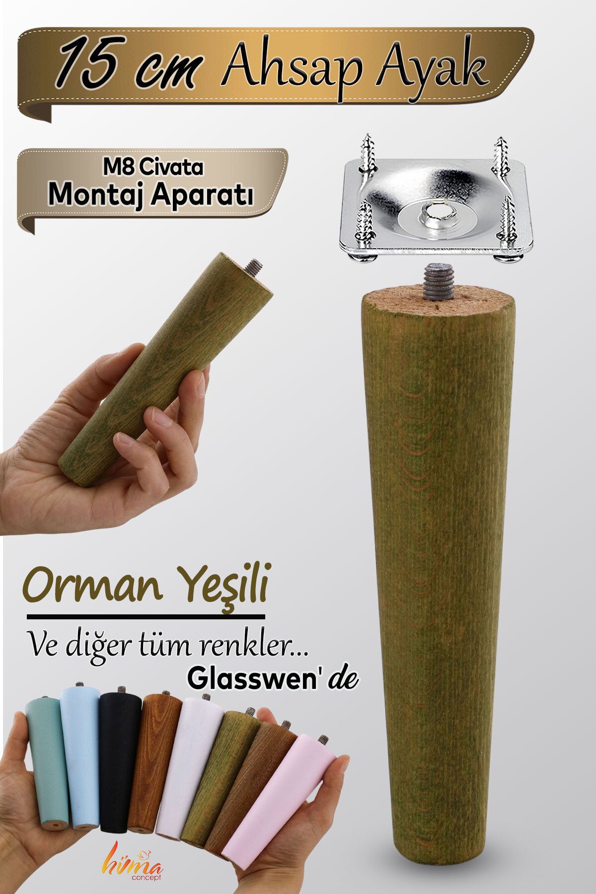 GLASWEN Ahşap Ayak 15 Cm Orman Yeşili M8 Civatalı Bağlantı Aparatlı Dolap Mobilya Koltuk Kanepe Destek Ayağı