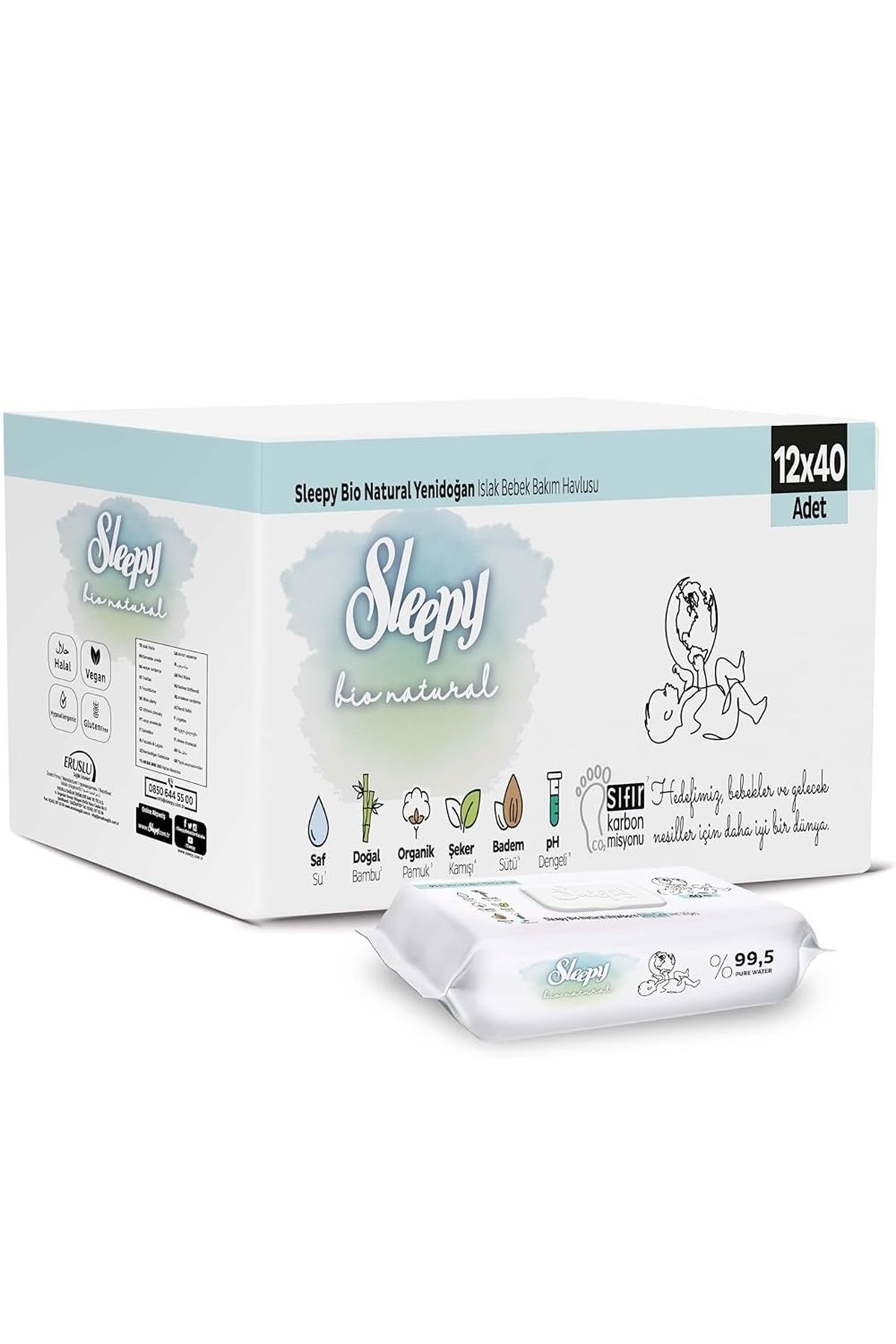 Sleepy Islak Havlu Mendil Bio Natural 40 Yaprak Yeni Doğan (12 Li Set) Plastik Kapaklı 480 Yaprak