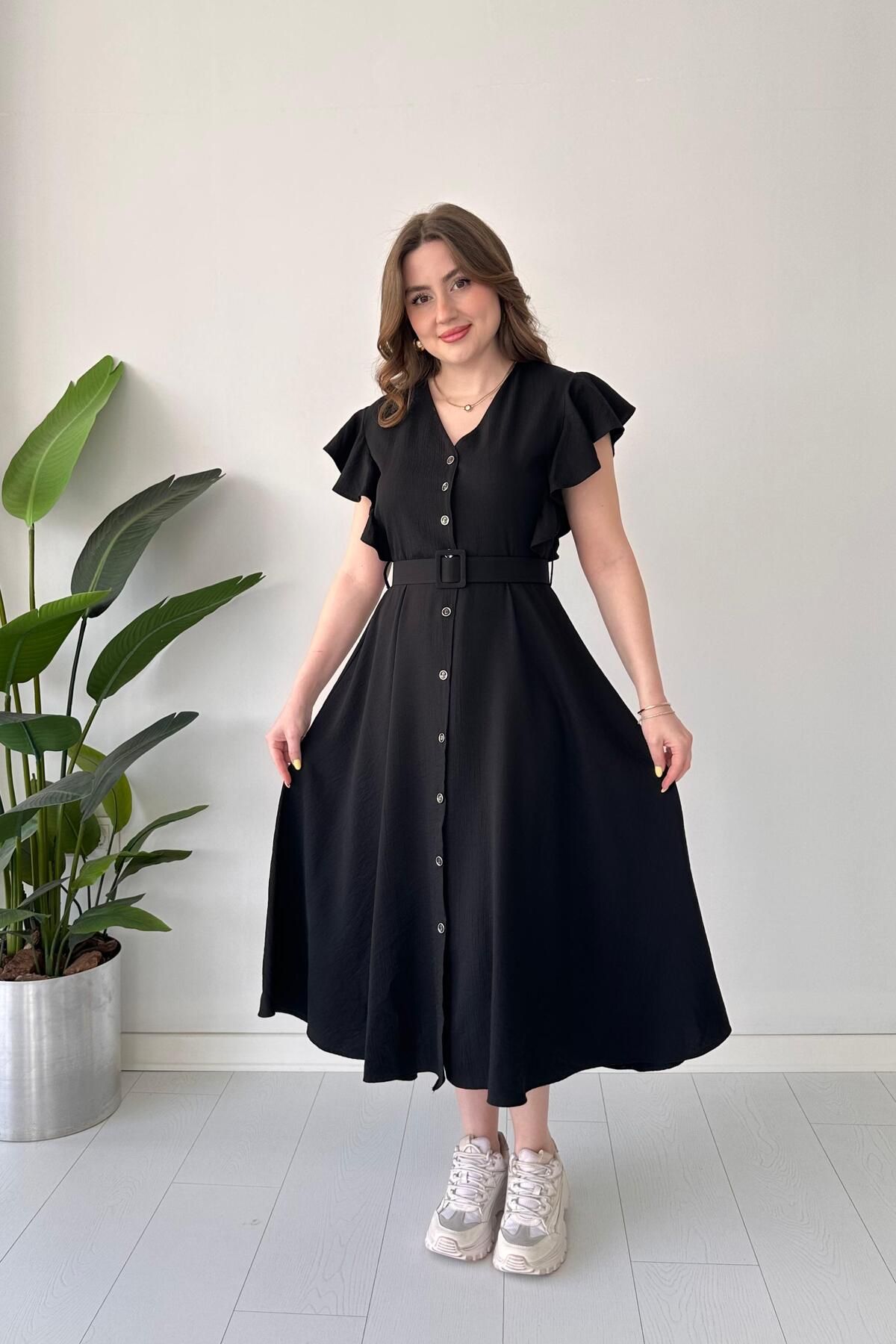 MaziButik Fırfır Kollu Dokulu Elbise Siyah