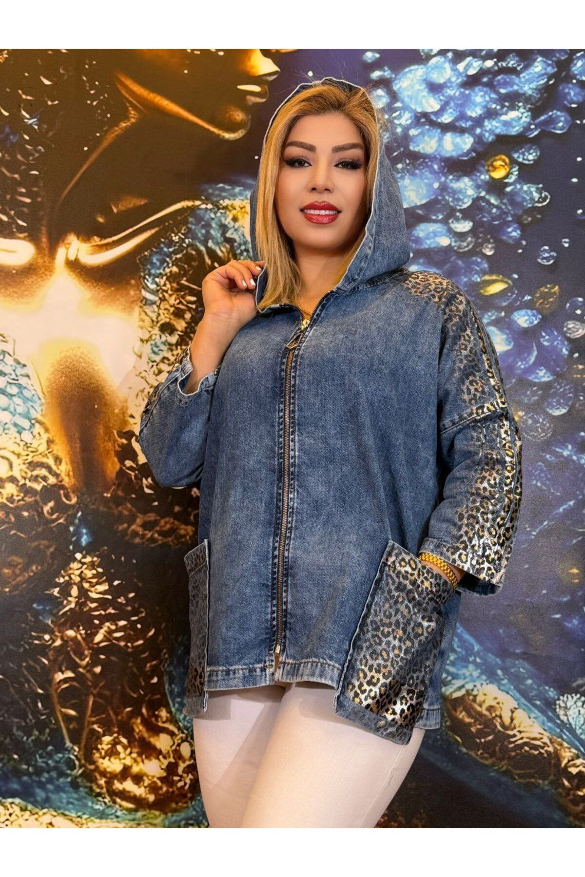 Yeşilmoda Kot ceket,Leopar desenli,Kapşonlu,fermuarlı,yüksek kaliteli,spor,mavi,Cepli,Günlük
