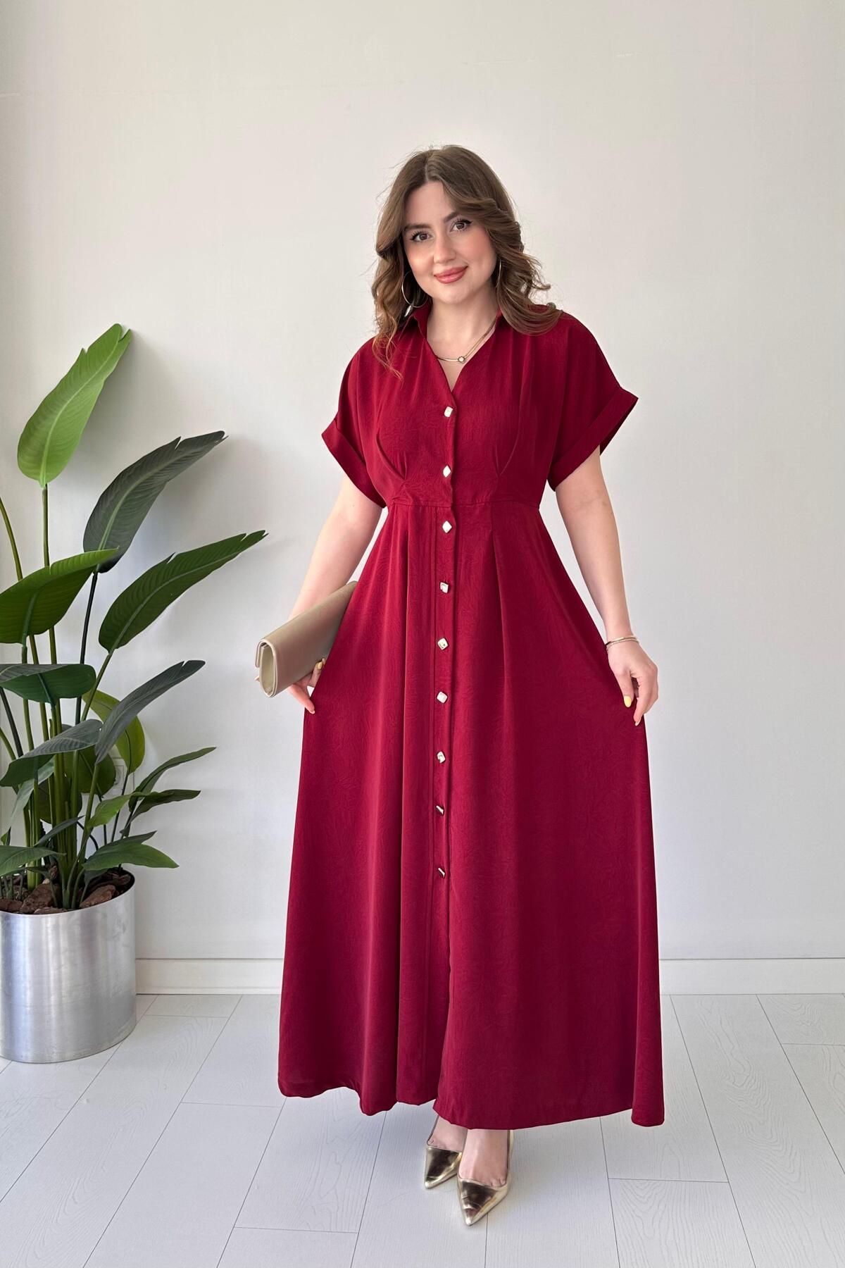 MaziButik Kare Düğmeli Elbise Bordo