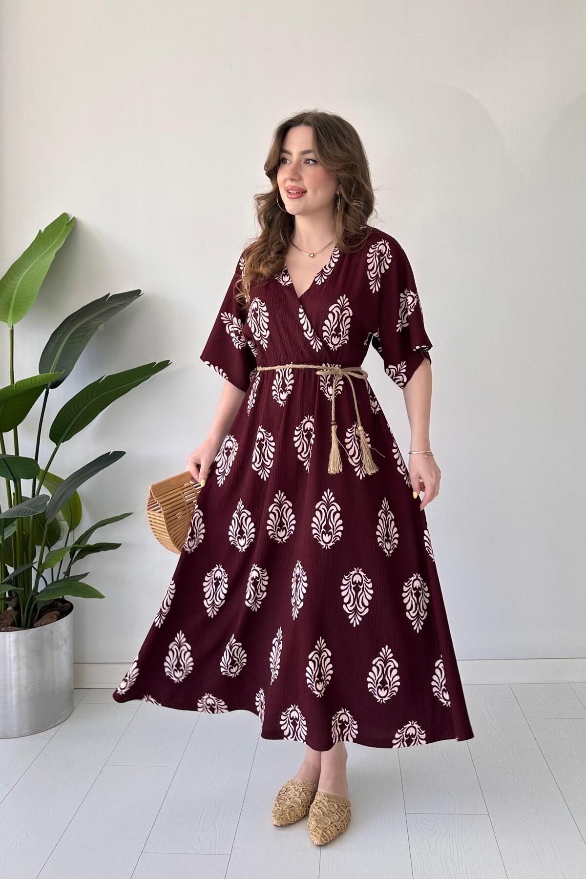 MaziButik İp Kemerli Desenli Elbise Bordo