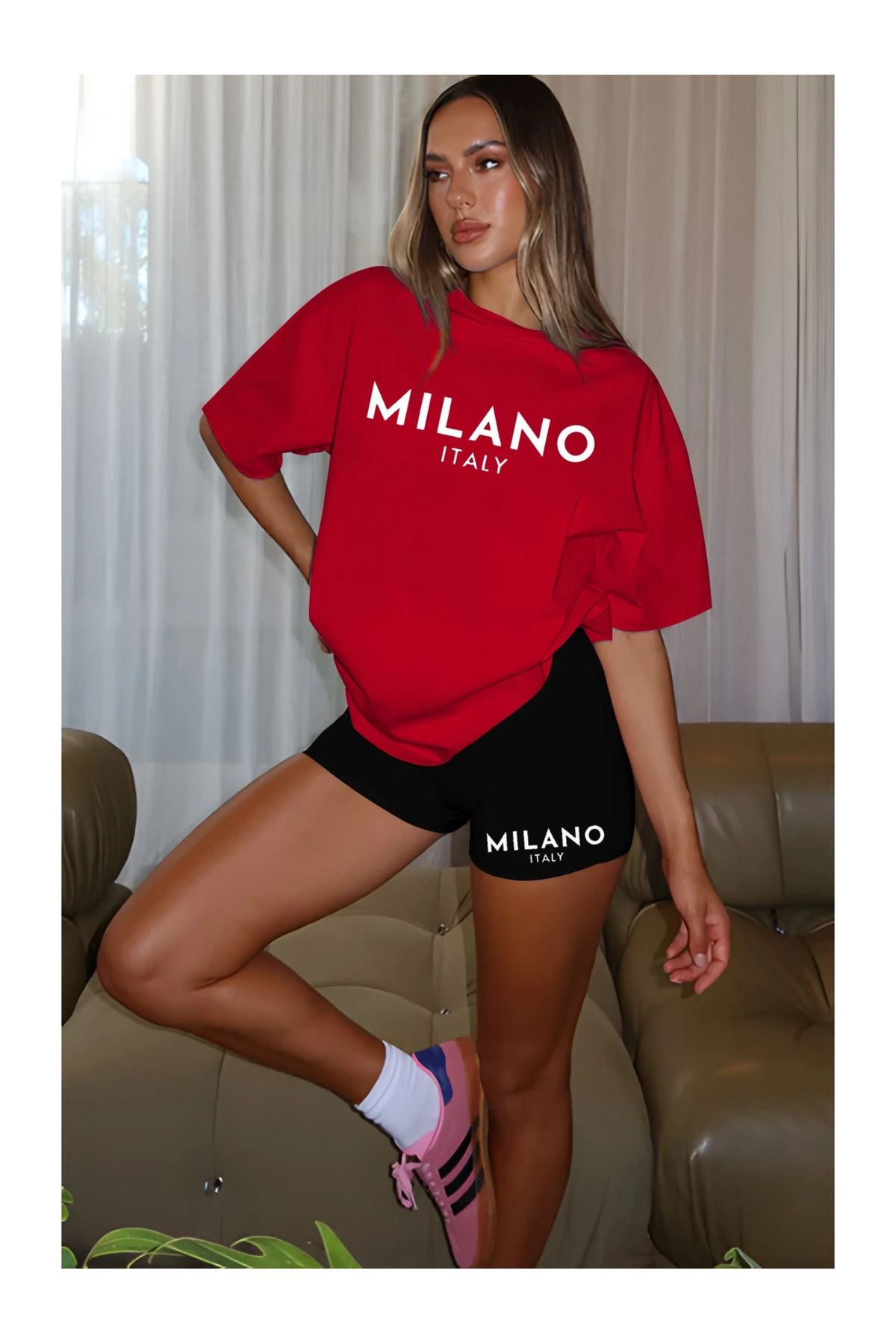 LAND MODA Milano İtalya Baskılı Kadın Rahat Yaz T-Shirt ve Şort Takımı - "Milano Italy"