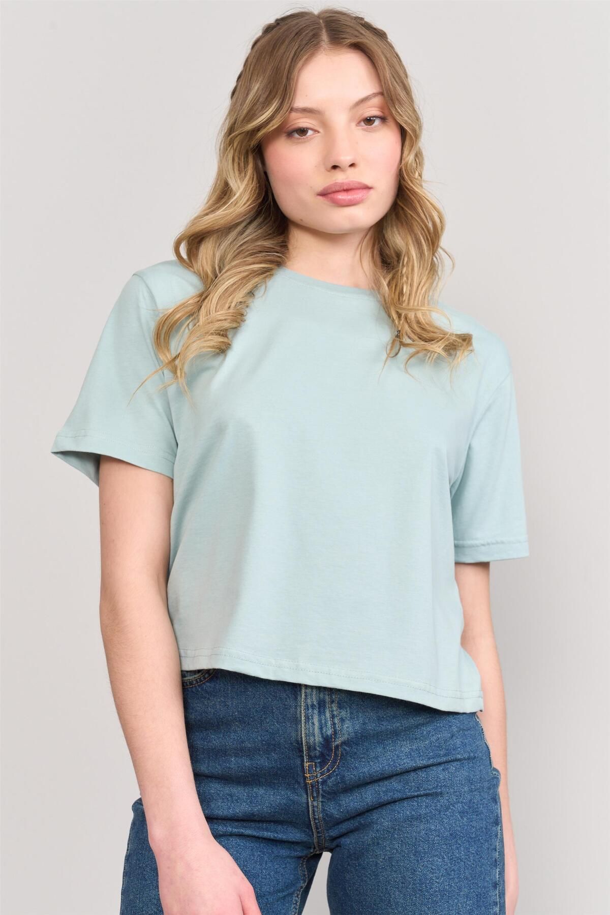 FİTHİT Çetinkaya Fithit 8286 Bisiklet Yaka 30/1 Compact Penye Süprem Crop T-shirt Çağla
