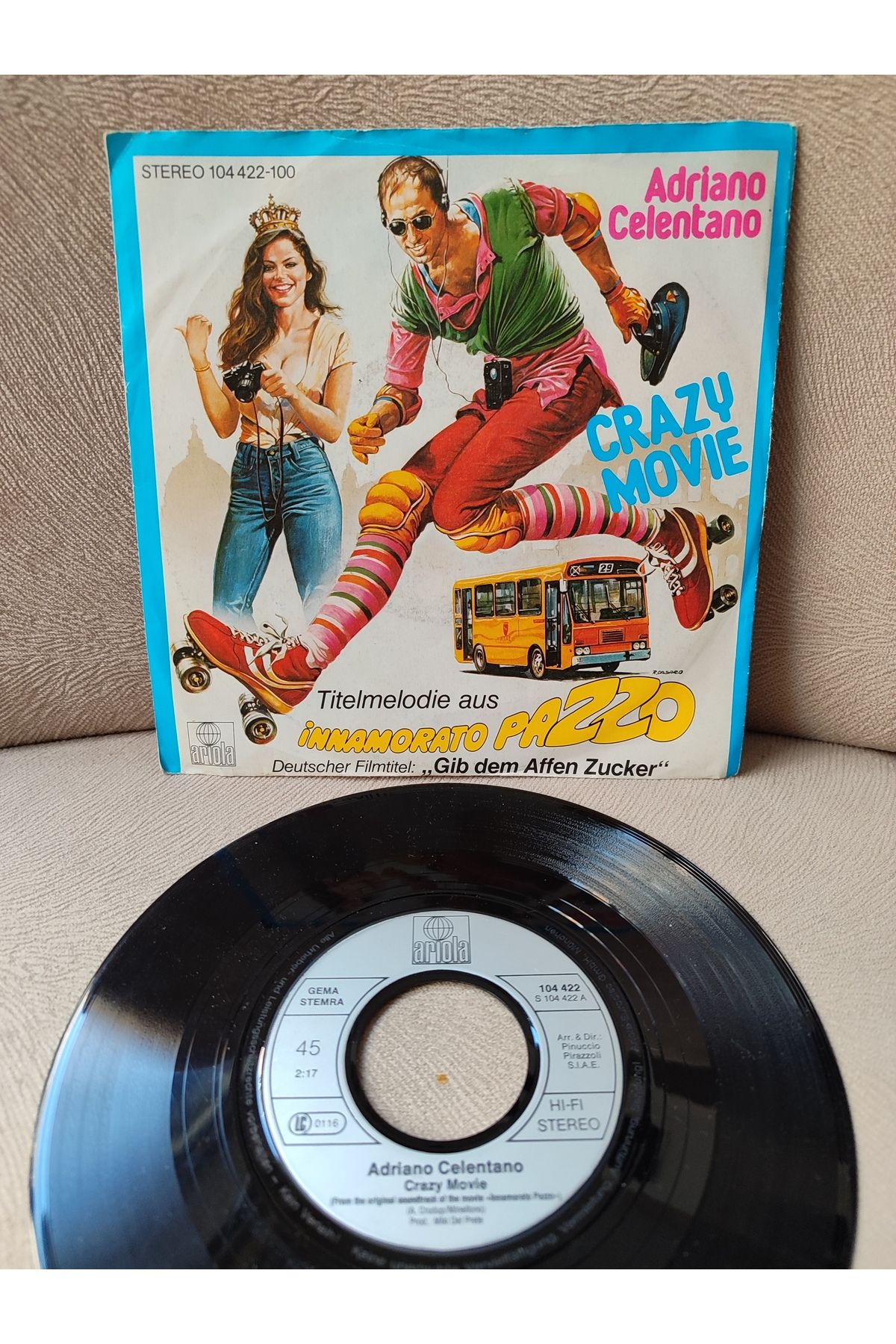 Plakperest Adriano Celentano - Crazy Movie - 1982 Almanya Basım 45lik Plak 2.EL