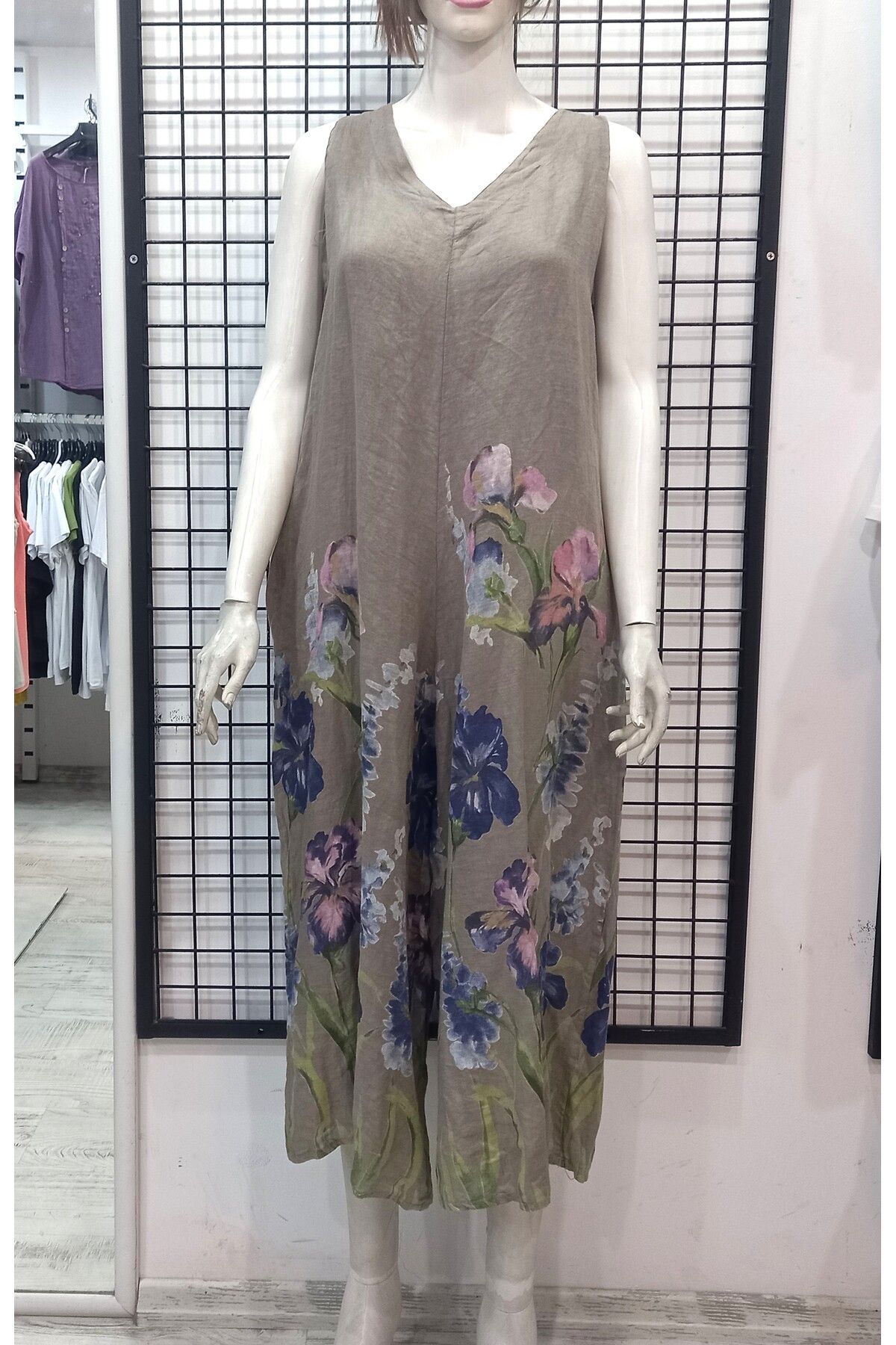 Butik Şans Çiçek Baskı Detaylı Boyundan Bağlamalı Cepli İtalyan Keten Tulum