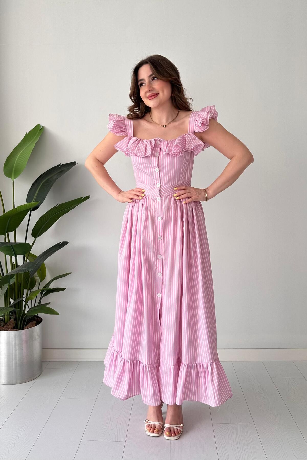 MaziButik Fırfır Detay Tasarım Poplin Elbise Pembe