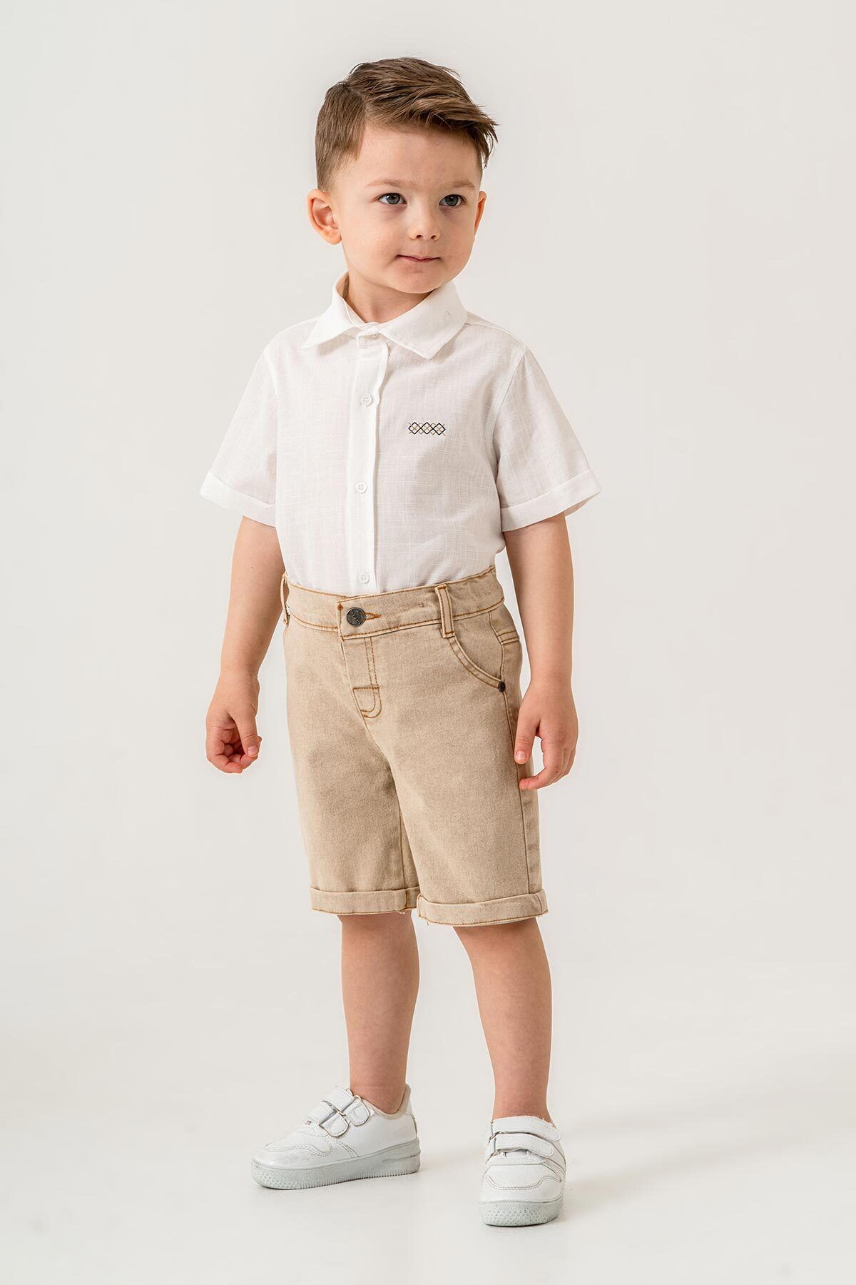 Gold Class Kidswear-Short Sleeve Button 2 Piece Linen Boy Shorts Suit 1