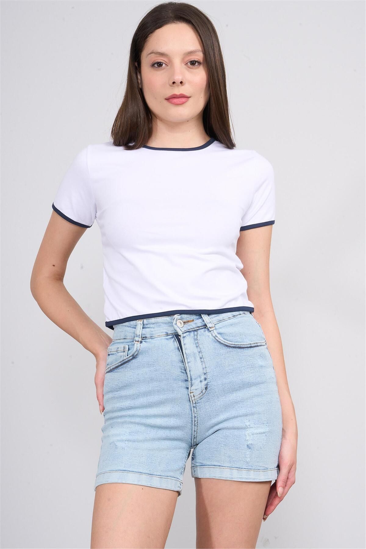 FİTHİT Çetinkaya Fithit 8505 Bisiklet Yaka 30/1 Likralı Süprem Crop T-shirt Beyaz
