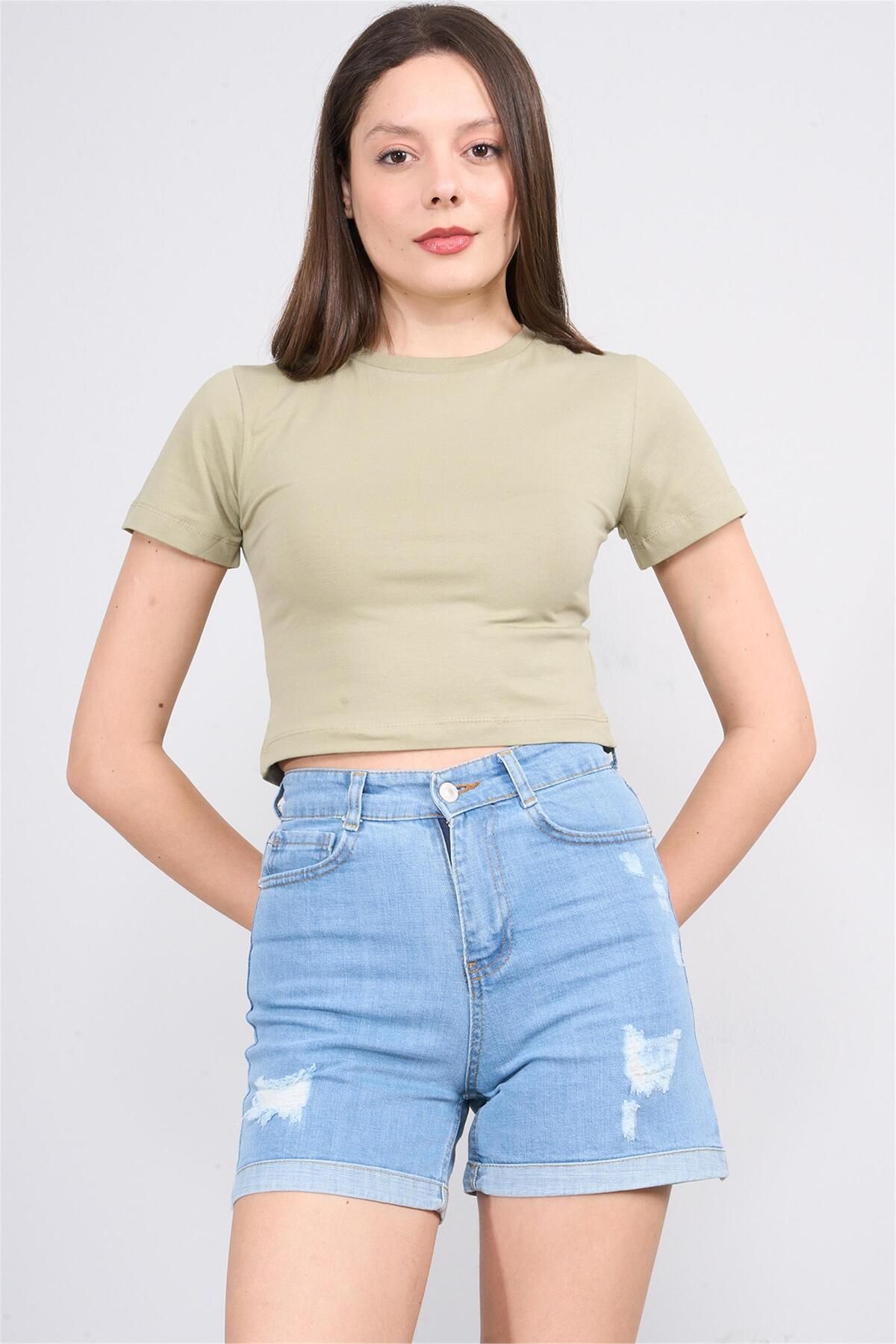 FİTHİT Çetinkaya Fithit 8510 Bisiklet Yaka 30/1 Likralı Süprem Crop T-shirt Olive