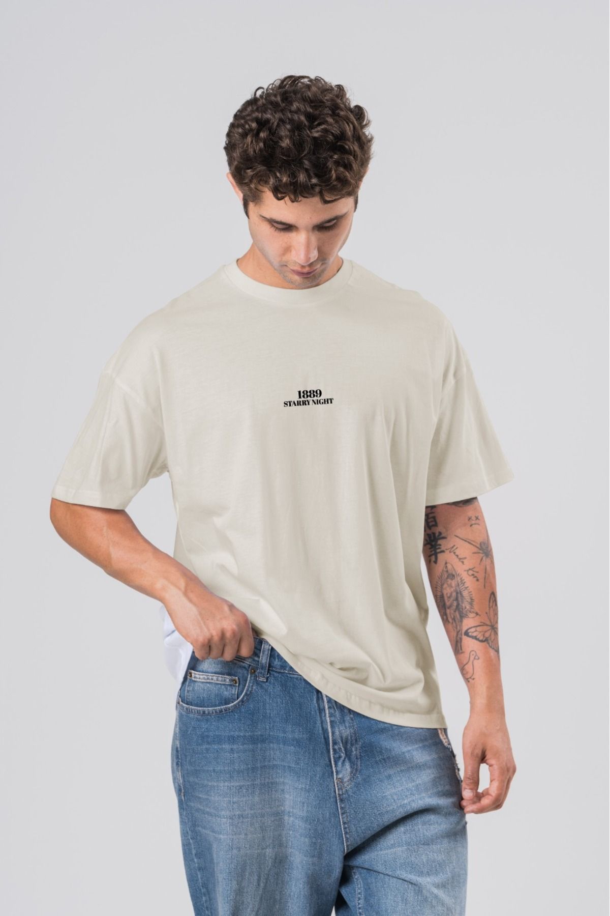 COAL CİTY Erkek Bej Baskılı Oversize Geniş Kesim %100 Organik Pamuk T-shirt