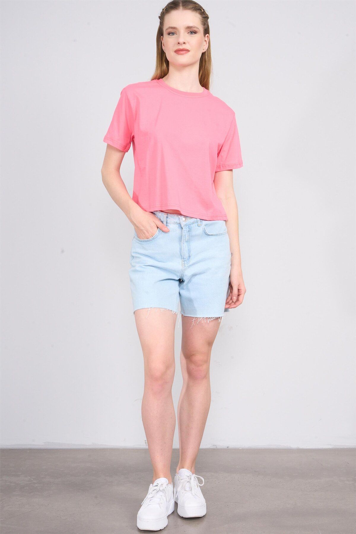 FİTHİT Çetinkaya Fithit 8286 Bisiklet Yaka 30/1 Compact Penye Süprem Crop T-shirt Nar Çiçeği