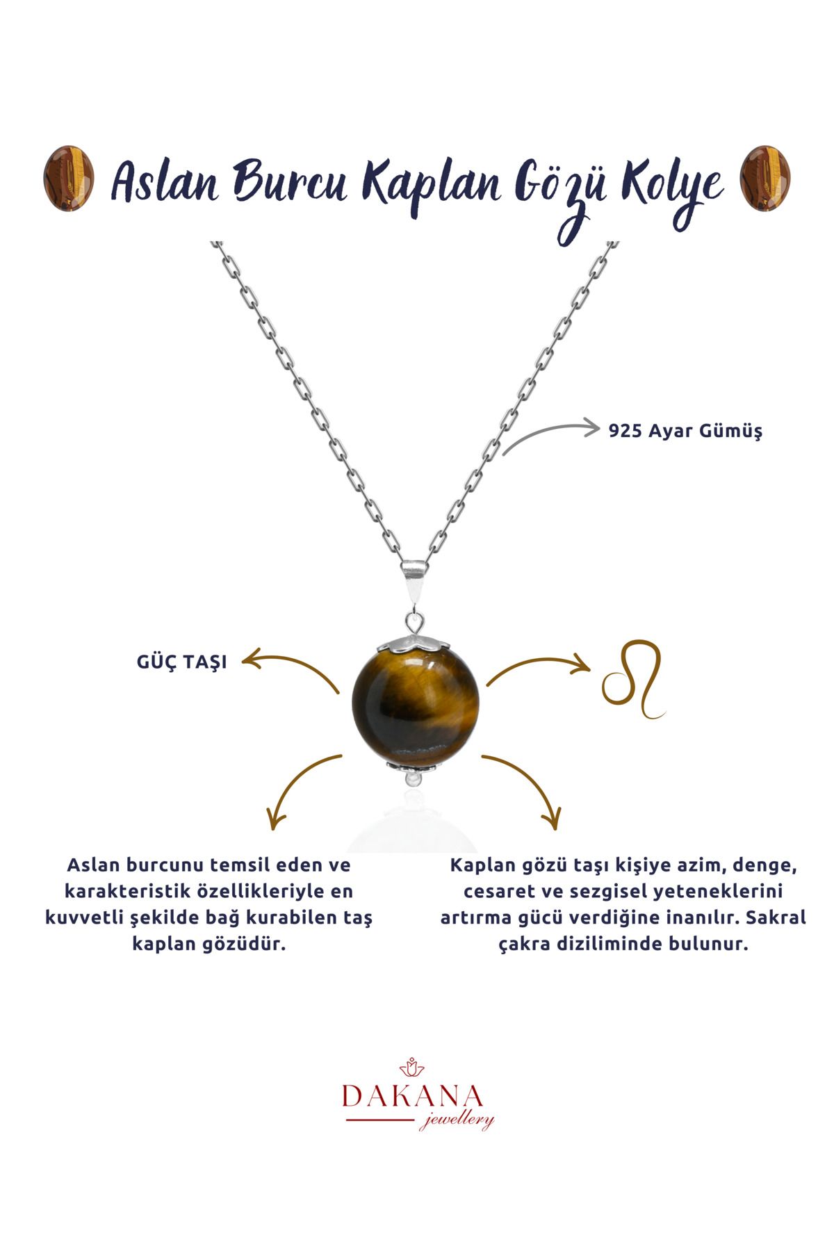 DAKANA JEWELLERY Sertifikalı Kaplan Gözü Doğal Taş Aslan Burcu Gümüş Kolye