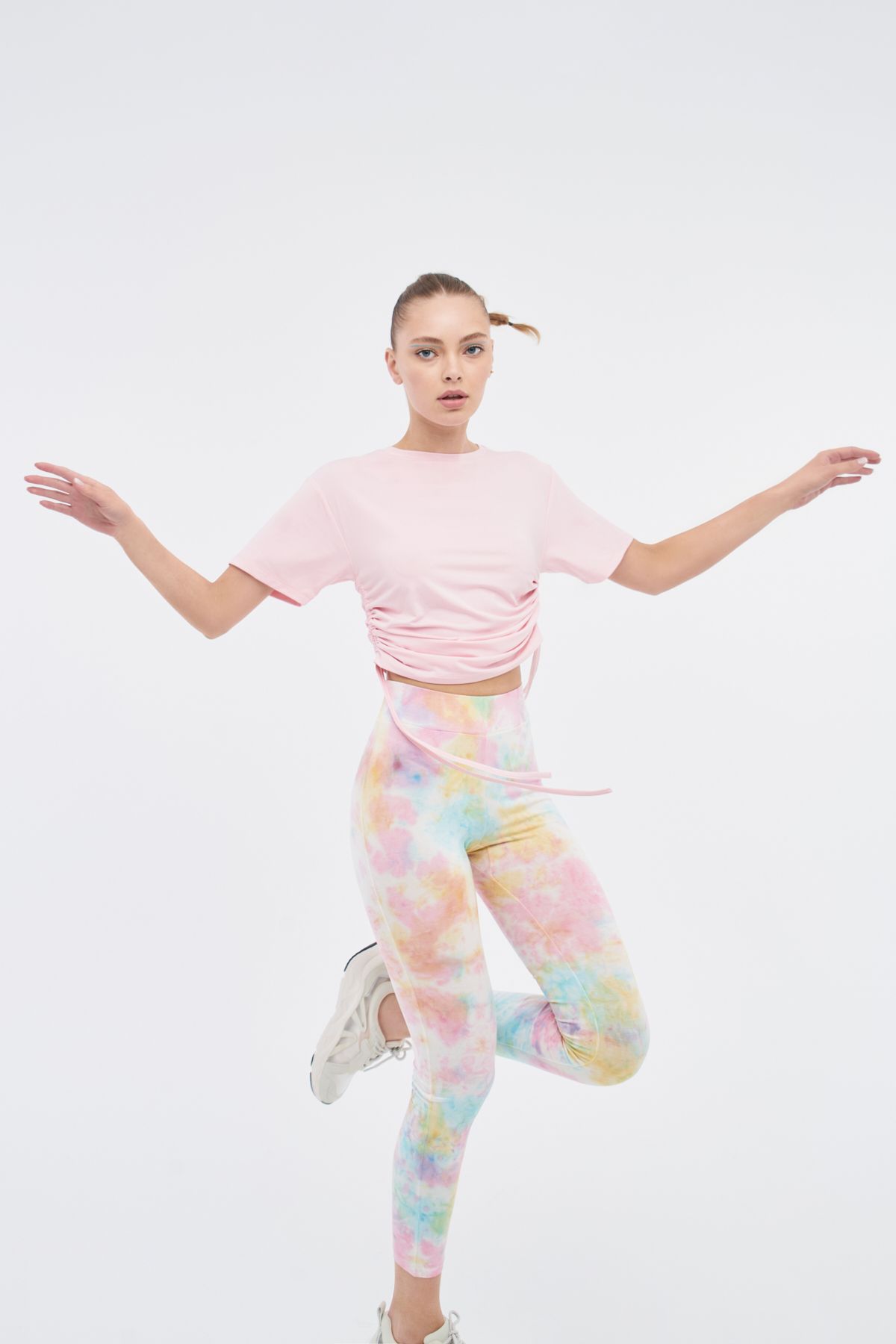 LOUXILOL Kadın Yan Büzgülü Crop Tişört – Pembe