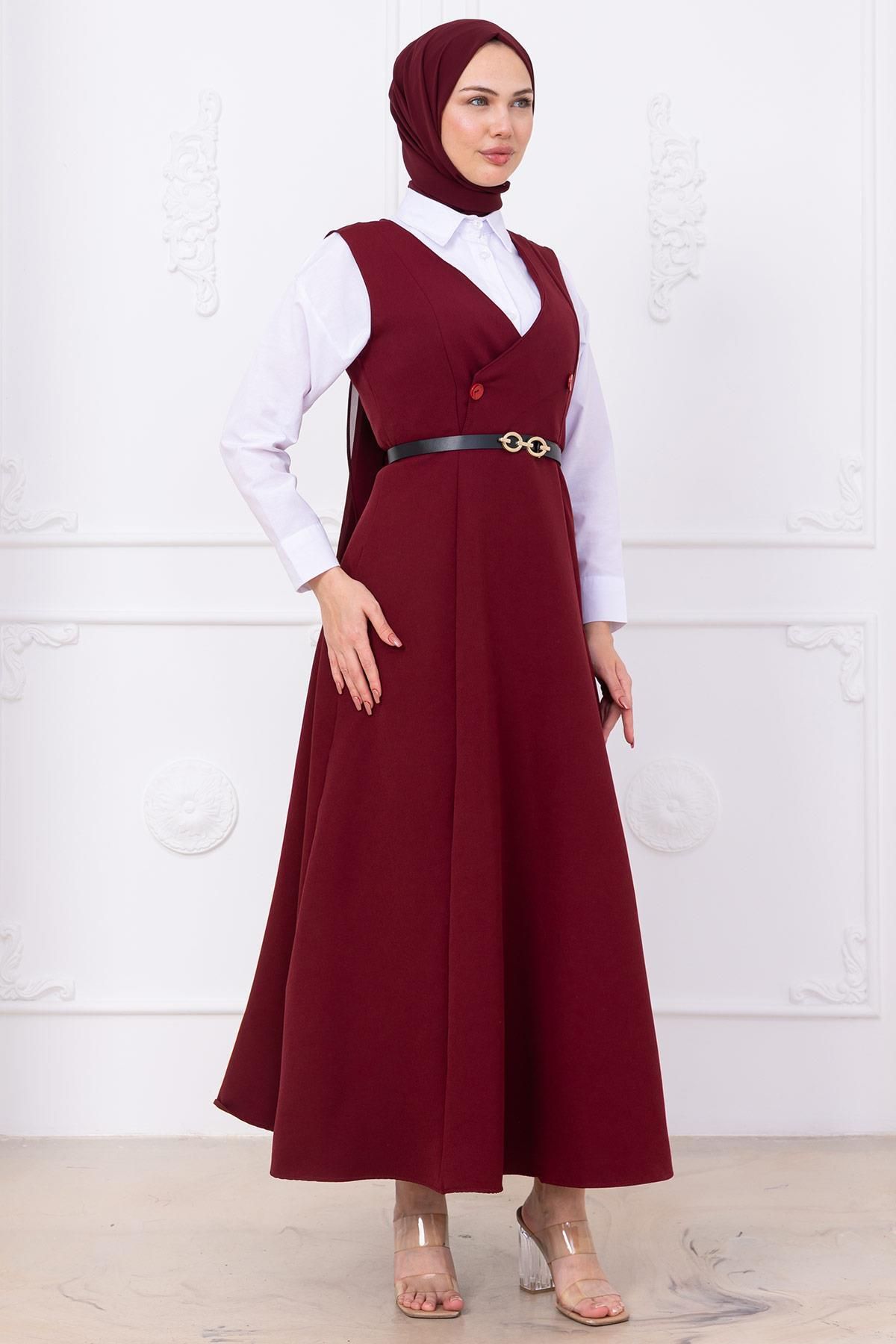 hafsamina Kemerli Düğmeli Jile Bordo HM2741