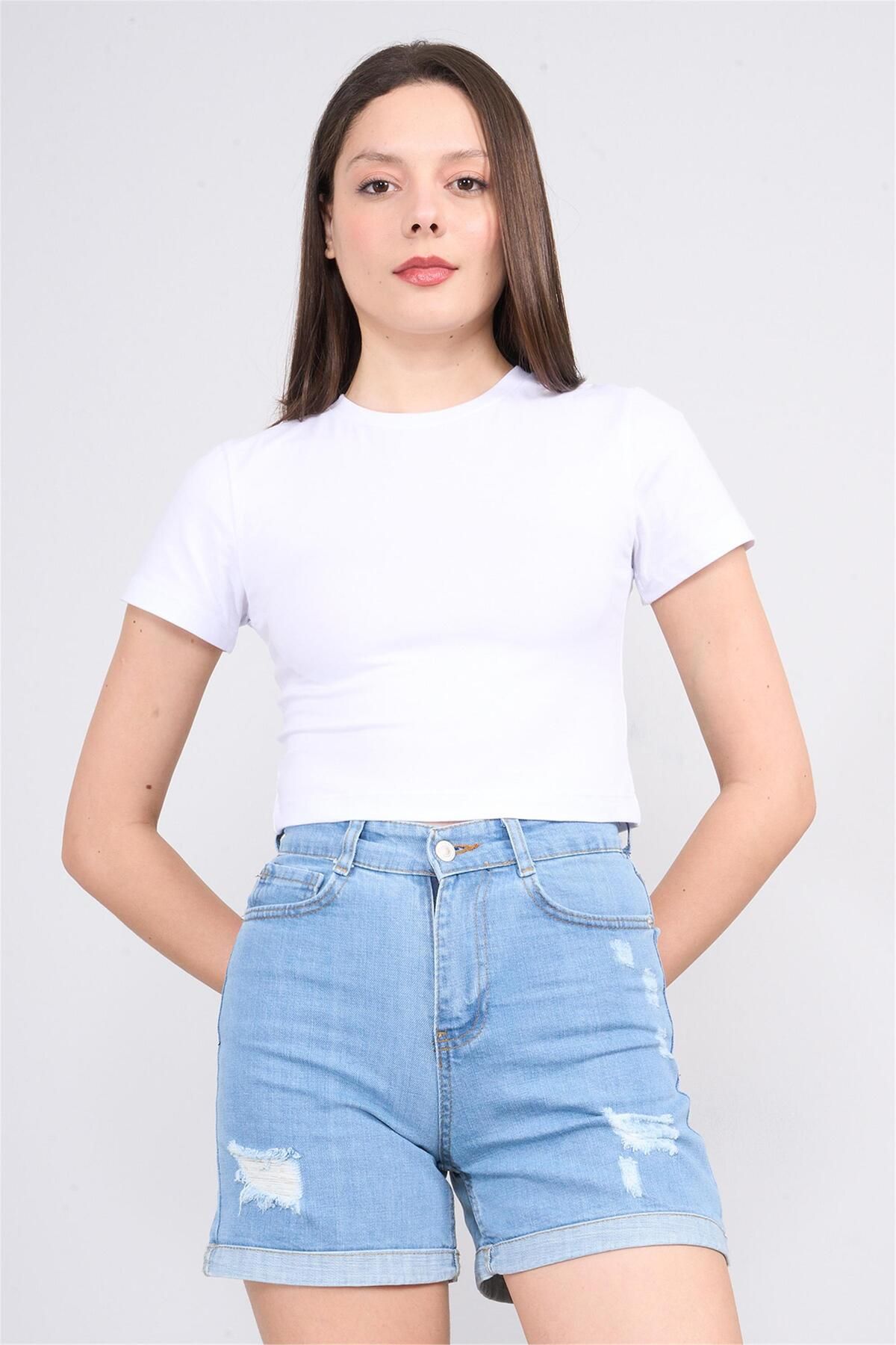 FİTHİT Çetinkaya Fithit 8510 Bisiklet Yaka 30/1 Likralı Süprem Crop T-shirt Beyaz