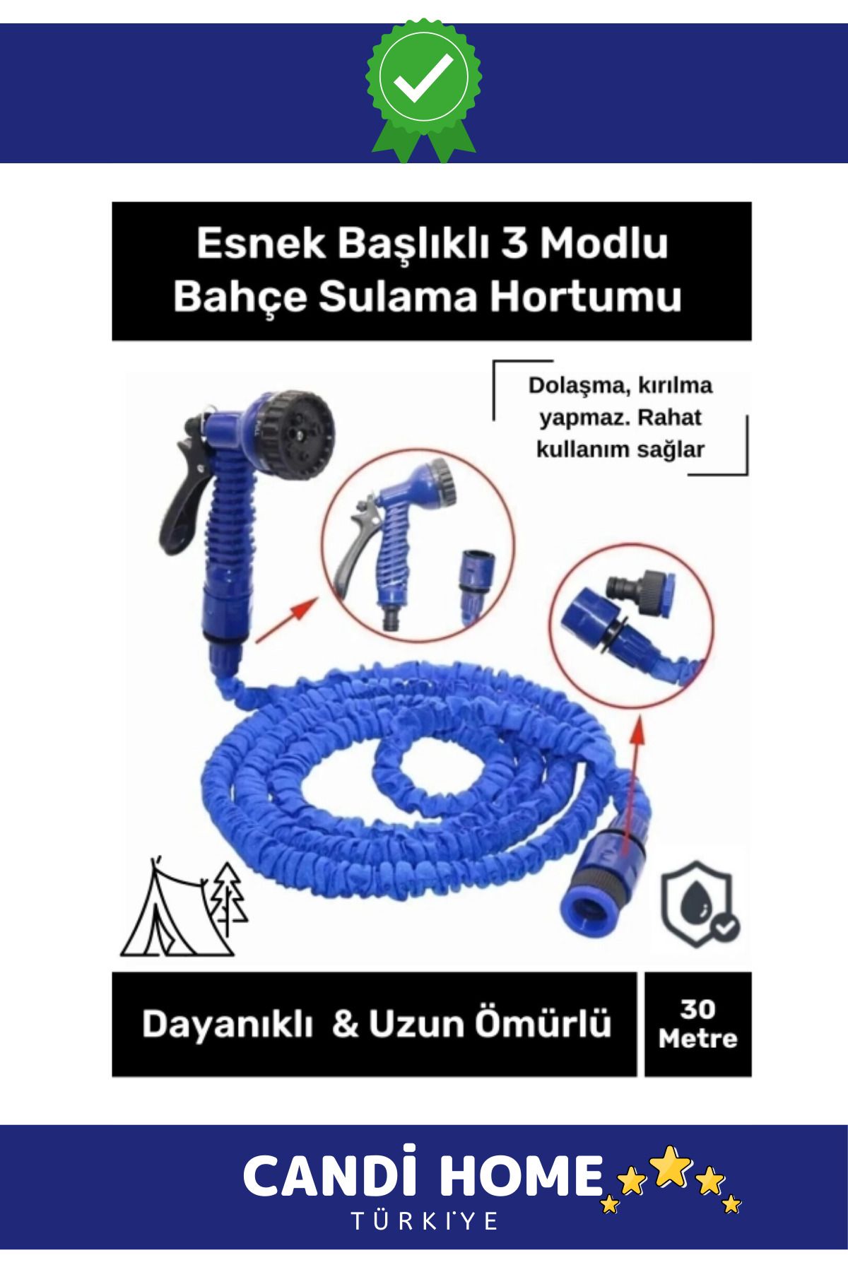 HOBİ CONDİ Premium Trend Dolaşmaz Kırılmaz 7 Kademeli Uzayan Bahçe Sulama Araç Yıkama Tabancalı 30 Metre Hortum