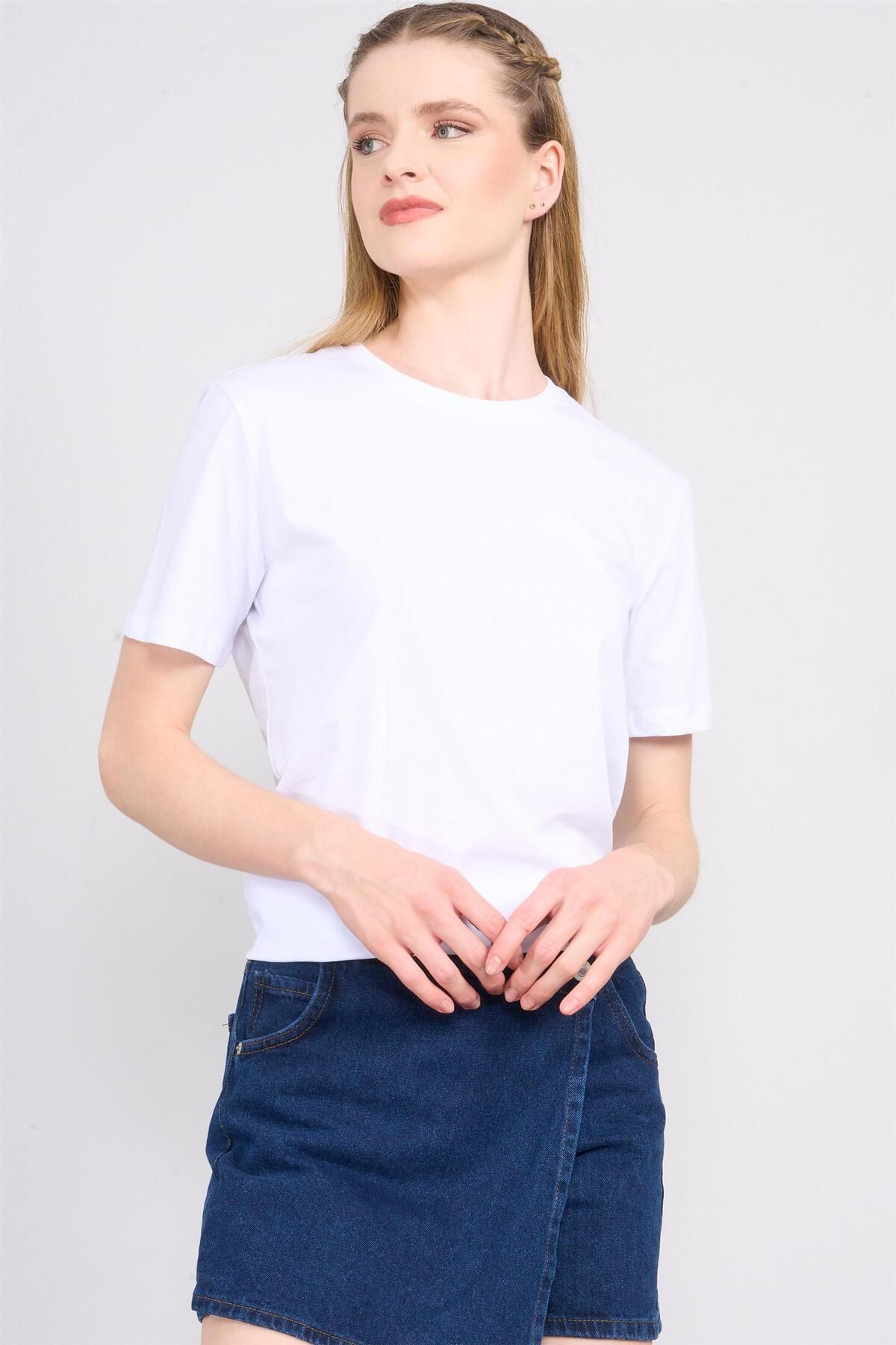 FİTHİT Çetinkaya Fithit 3264 Bisiklet Yaka Basic T-shirt Beyaz