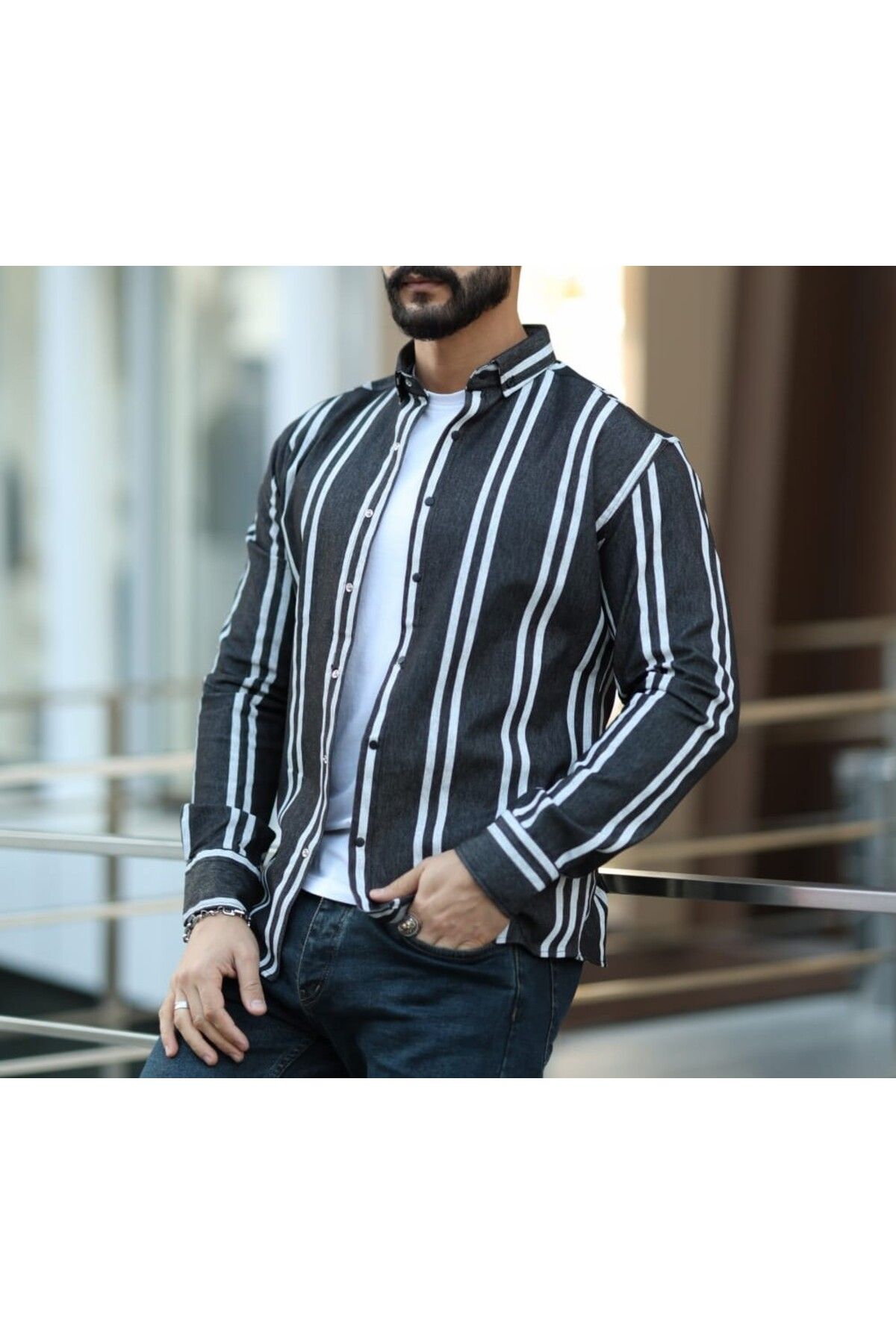 DEFES %100 Pamuk Denim Uzun Kollu Çizgili Erkek Gömlek