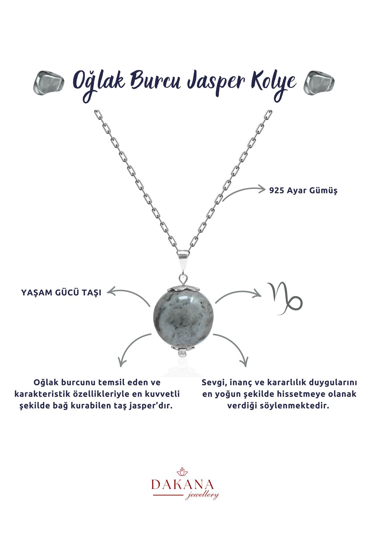 DAKANA JEWELLERY Sertifikalı Gri Jasper Doğal Taş Oğlak Burcu Gümüş Kolye