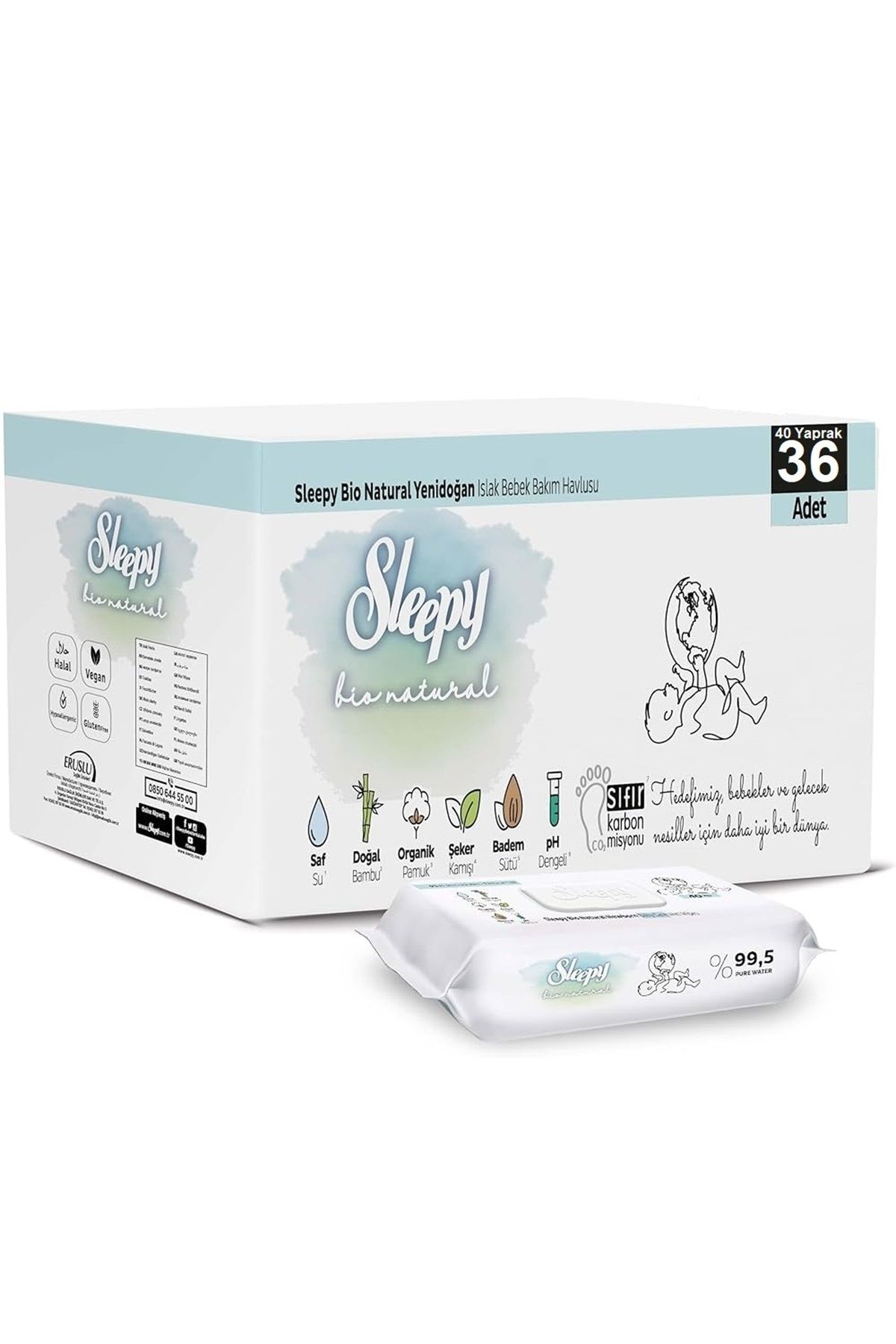 Sleepy Islak Havlu Mendil Bio Natural 40 Yaprak Yeni Doğan (36 Lı Set) Plastik Kapaklı 1440 Yaprak