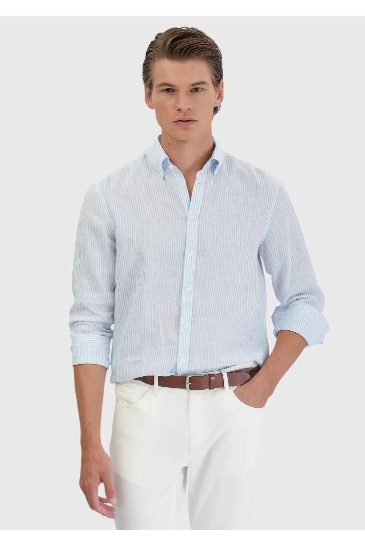 Ramsey Mavi Çizgili Casual Fit Dokuma Casual %100 Keten Gömlek