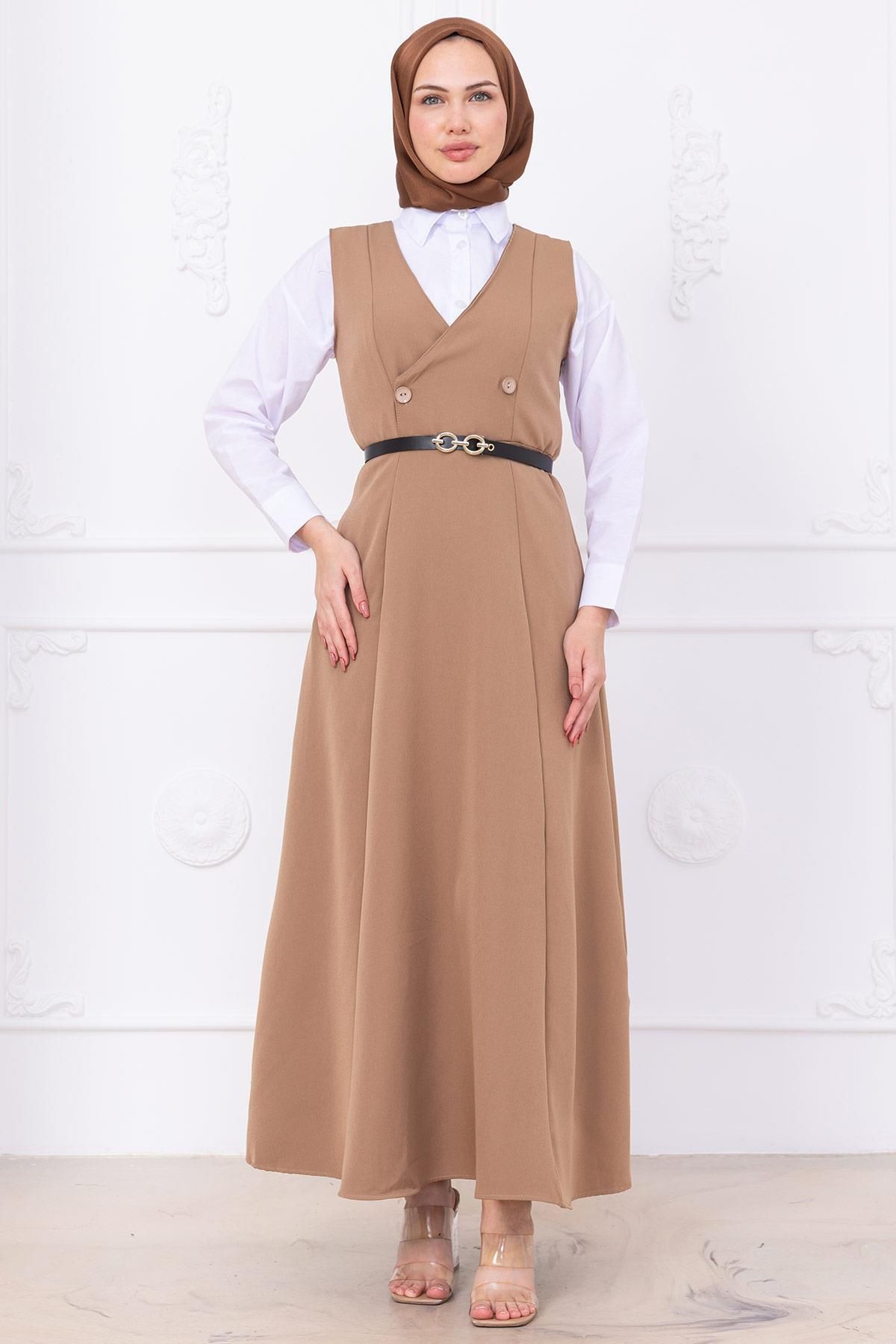 hafsamina Kemerli Düğmeli Jile Vizon HM2741