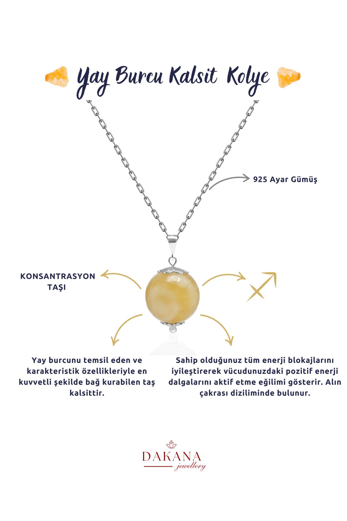 DAKANA JEWELLERY Sertifikalı Kalsit Doğal Taş Yay Burcu Gümüş Kolye