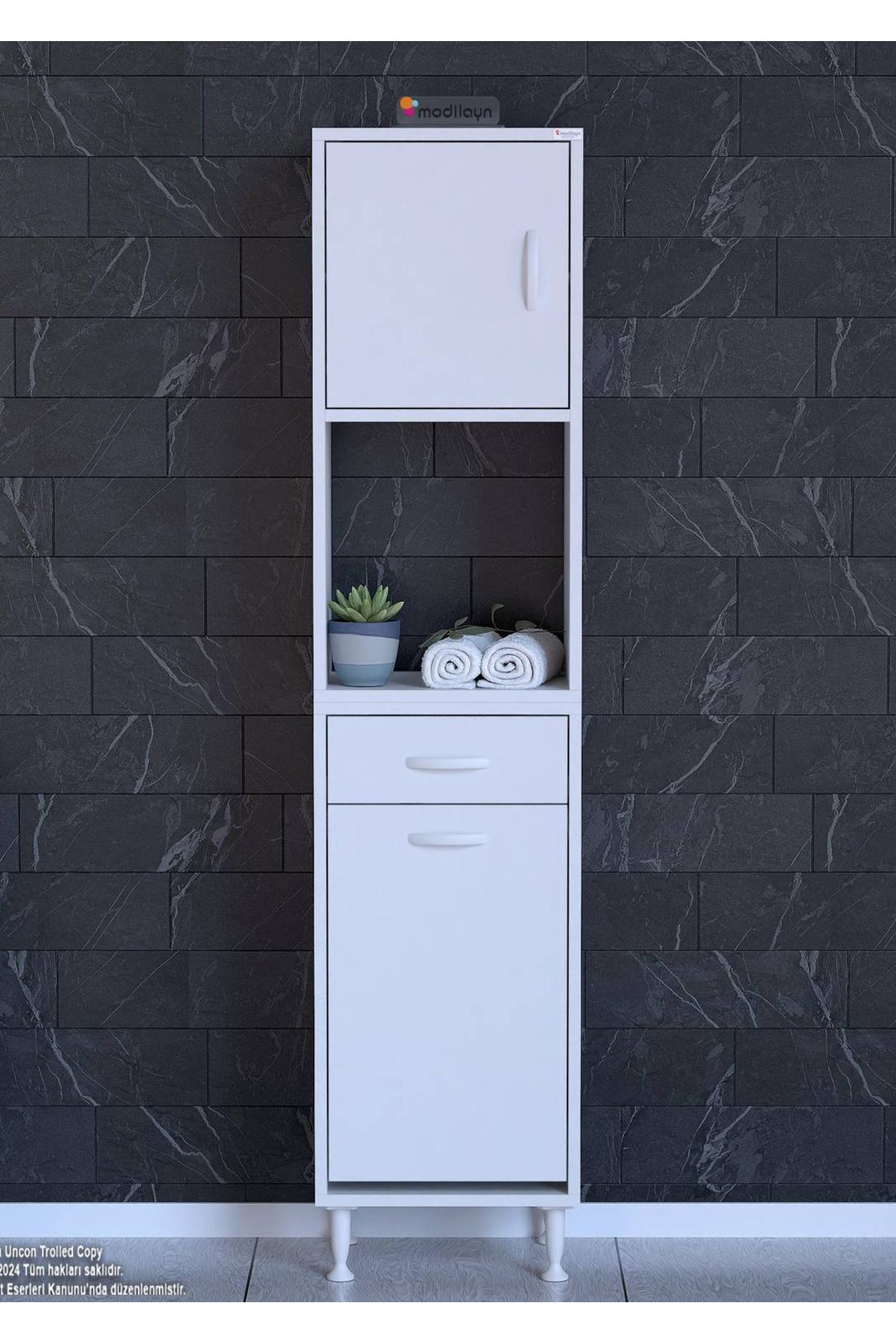 Modilayn 45x173x32,5 cm – 1 Çekmece, 1 Sepetli Göz ve 3 Raflı Çok Amaçlı Akıllı Dolap Mutfak Dolabı