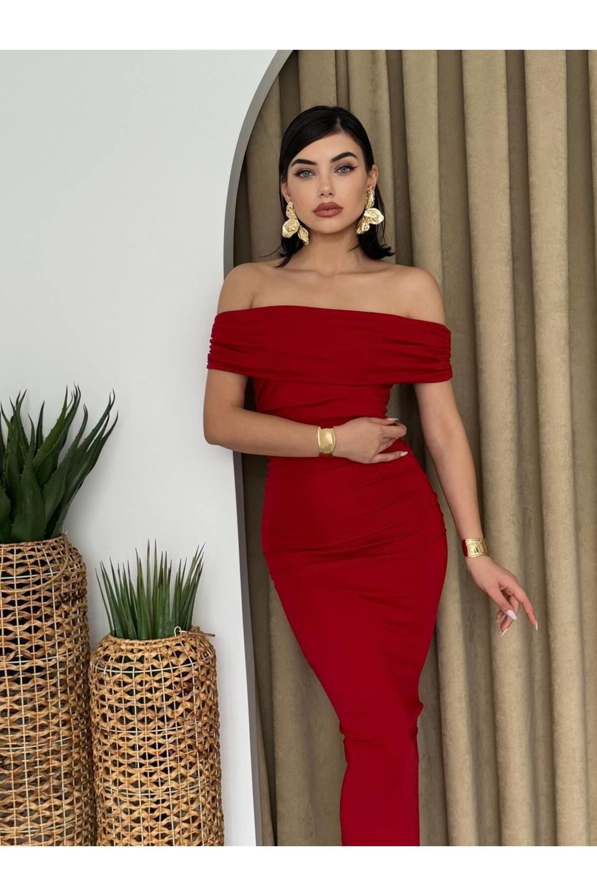 conconmoda Uzun Sandy Madonna Yaka Elbise