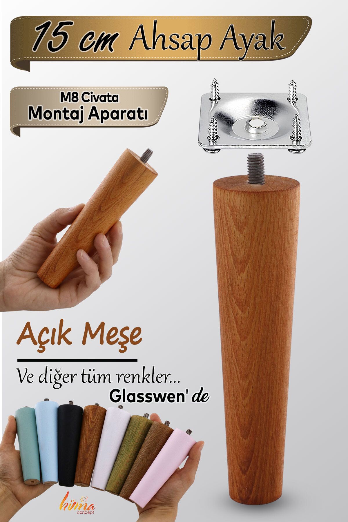 GLASWEN Ahşap Ayak 15 Cm Açık Meşe M8 Civata Bağlantı Aparatı Dolap Mobilya Koltuk Kanepe Destek Ayağı Ayak