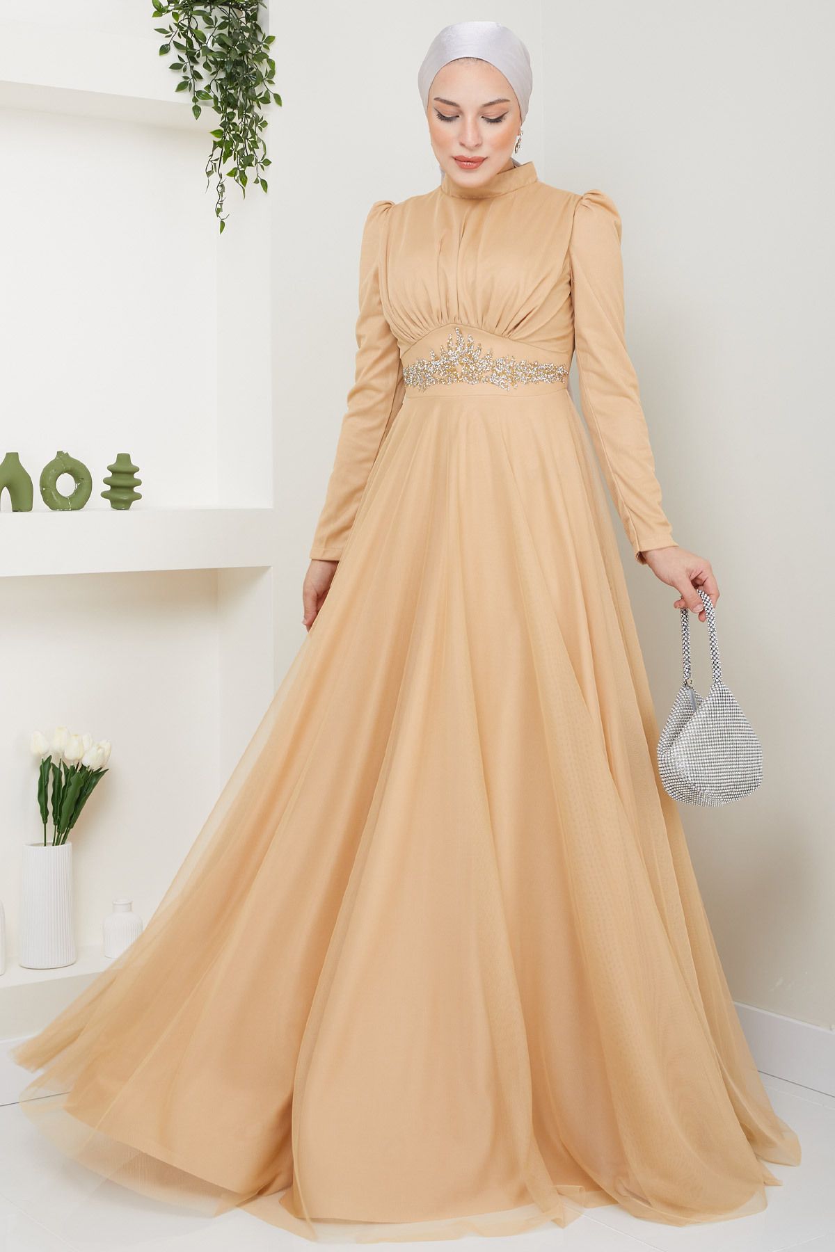 DENİMİNİ Beli Aksesuarlı Tül Tesettür Abiye Elbise DNMES08