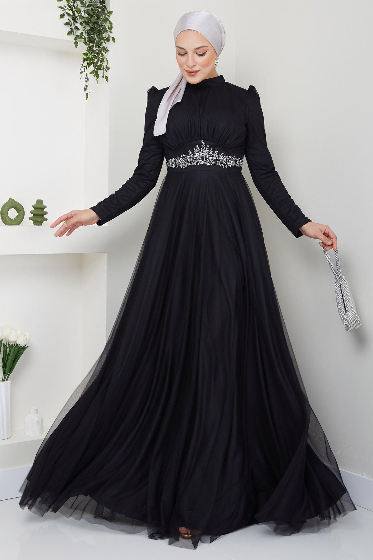 DENİMİNİ Beli Aksesuarlı Tül Tesettür Abiye Elbise