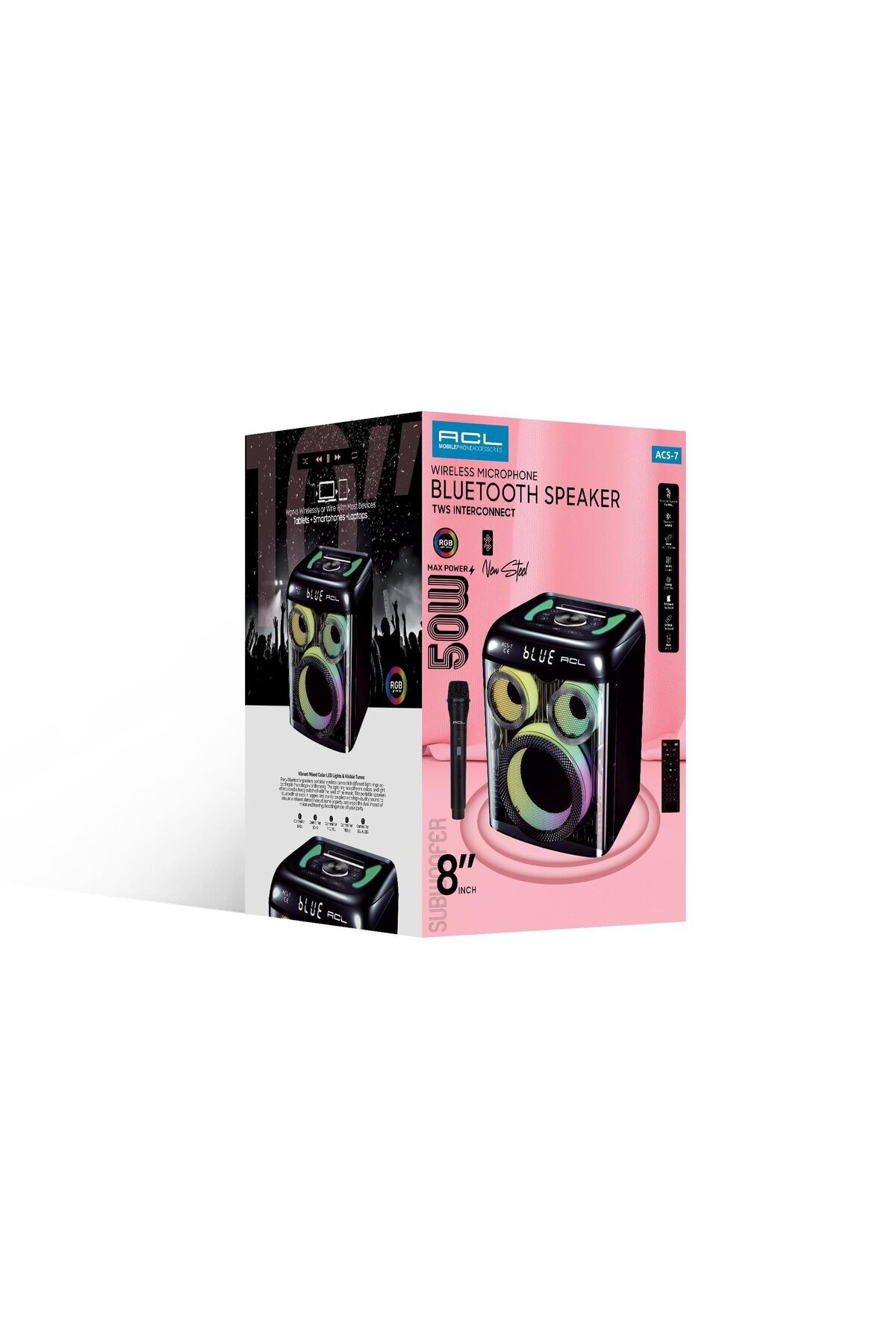 ACL ACS-7 50W Gücünde 8”inch Hoparlörlü Mikrofonlu, RGB Işıklı Bluetooth Hoparlör