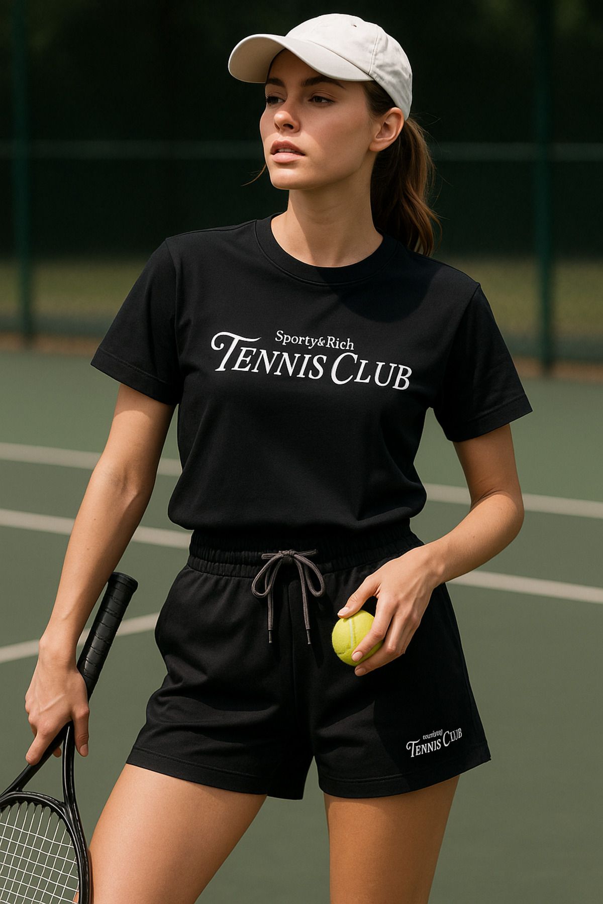 Rich Kadın Sporty Kısa Kollu Bisiklet Yaka Oversize T-shirt ve Şortlu Alt Üst Takım Tenis İkili Takım