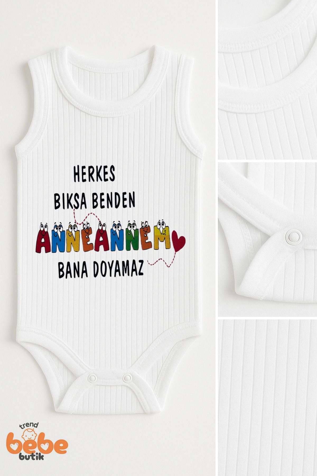 Trend Bebe Butik Anneannesinin Aslanı Yazılı %100 Pamuklu Ribana Tulum Body Zıbın Çıtçıtlı 6–36 Ay