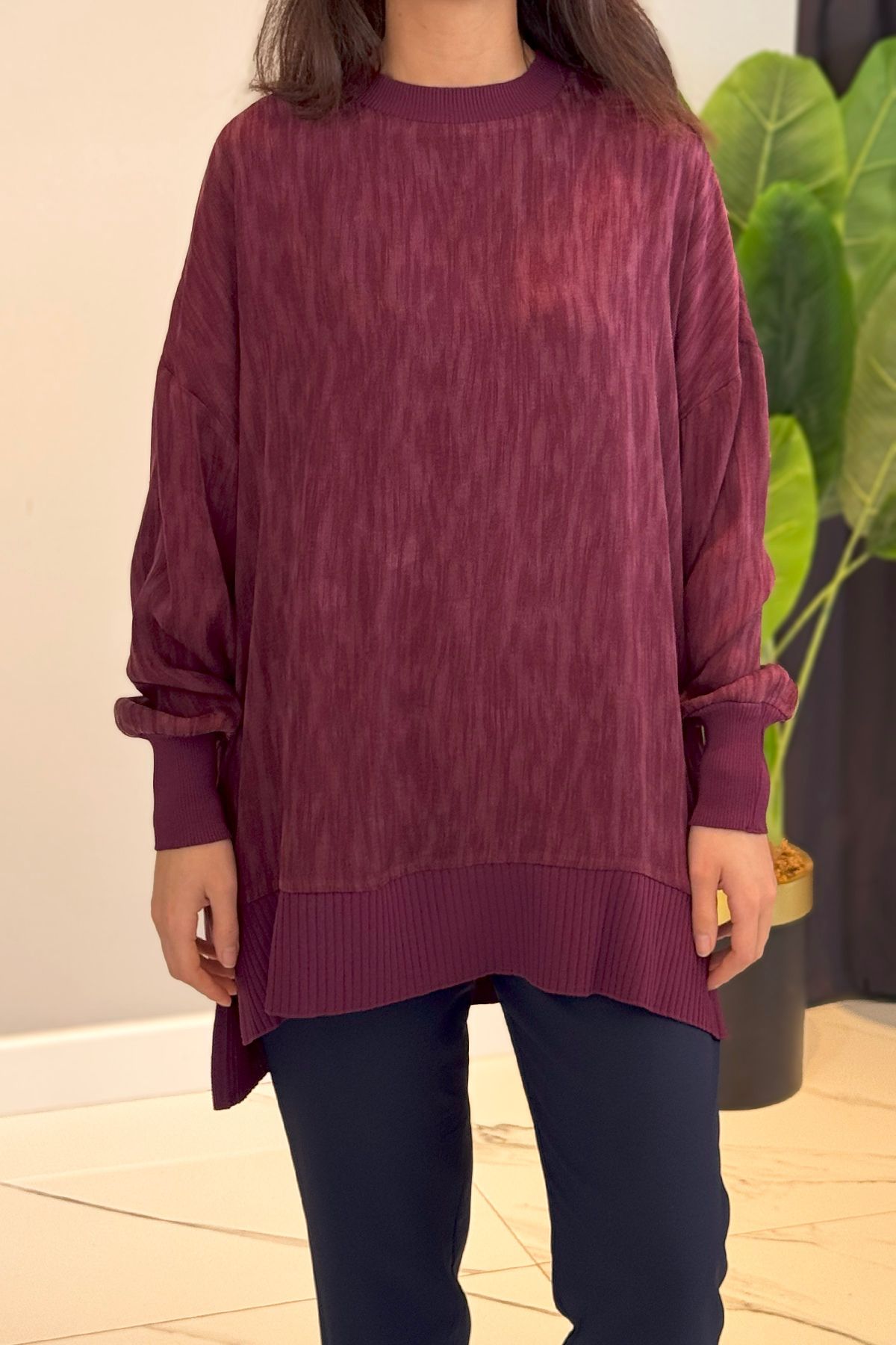 Nuss İpek Saten Desenli Tunik 3009 Bordo