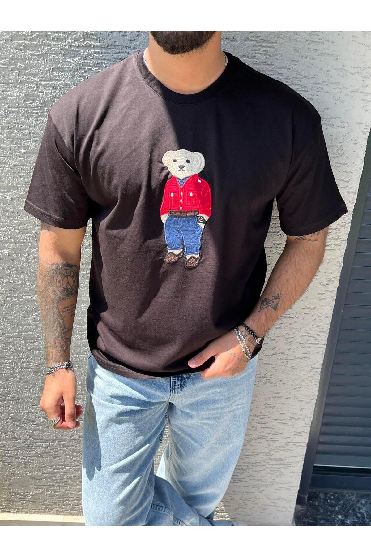 Elzem Ayıcık Baskılı Oversize Tshırt Siyah